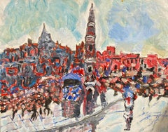 Vintage Colorful French Expressionist/ Fauvist Oil Painting Busy City Square  Figures