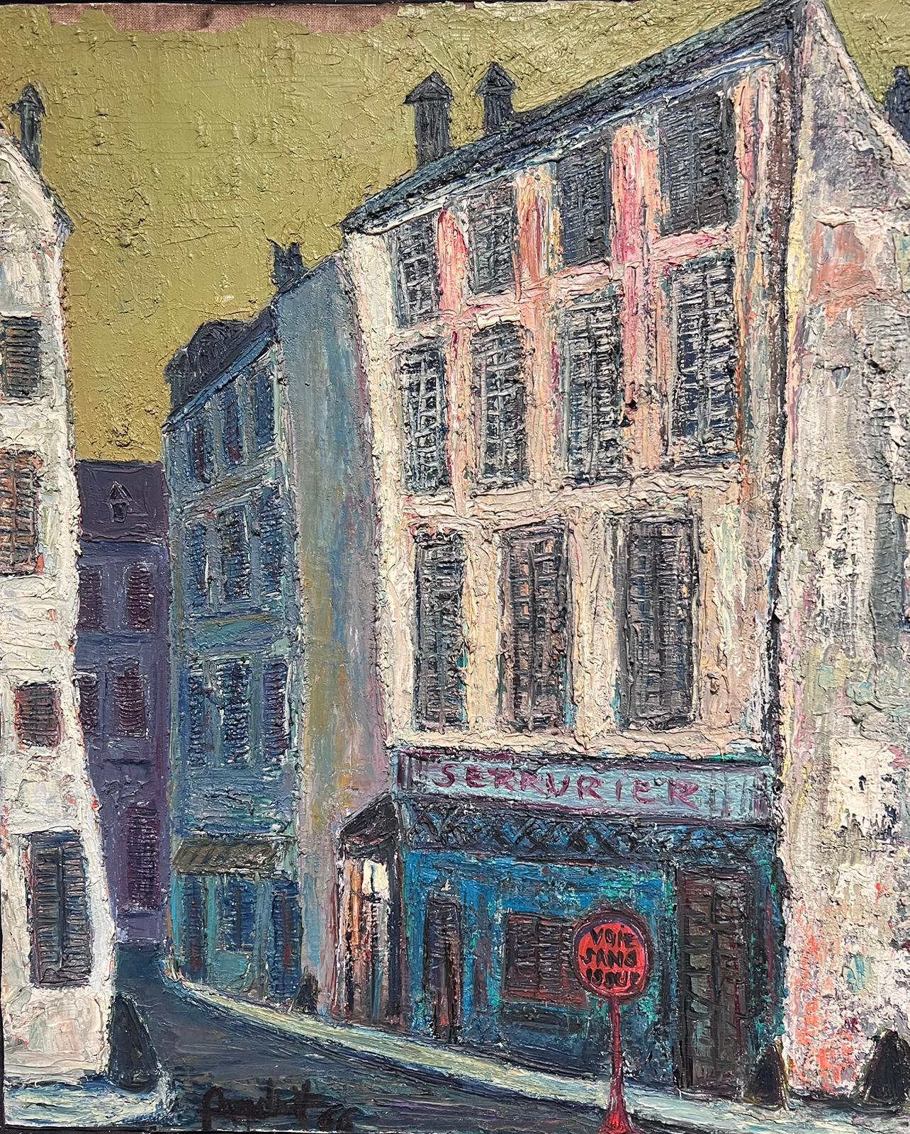 Peinture à l'huile française du 20e siècle, épaissement peinte, représentant une scène de rue de Rouen