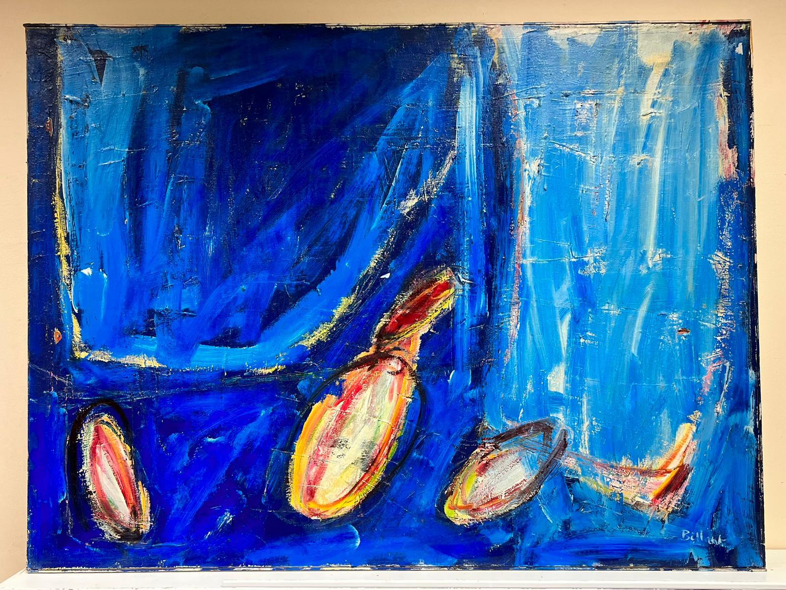 Huge French Expressionist Abstract Signed Oil Blue with Orange Yellow Shapes For Sale 1