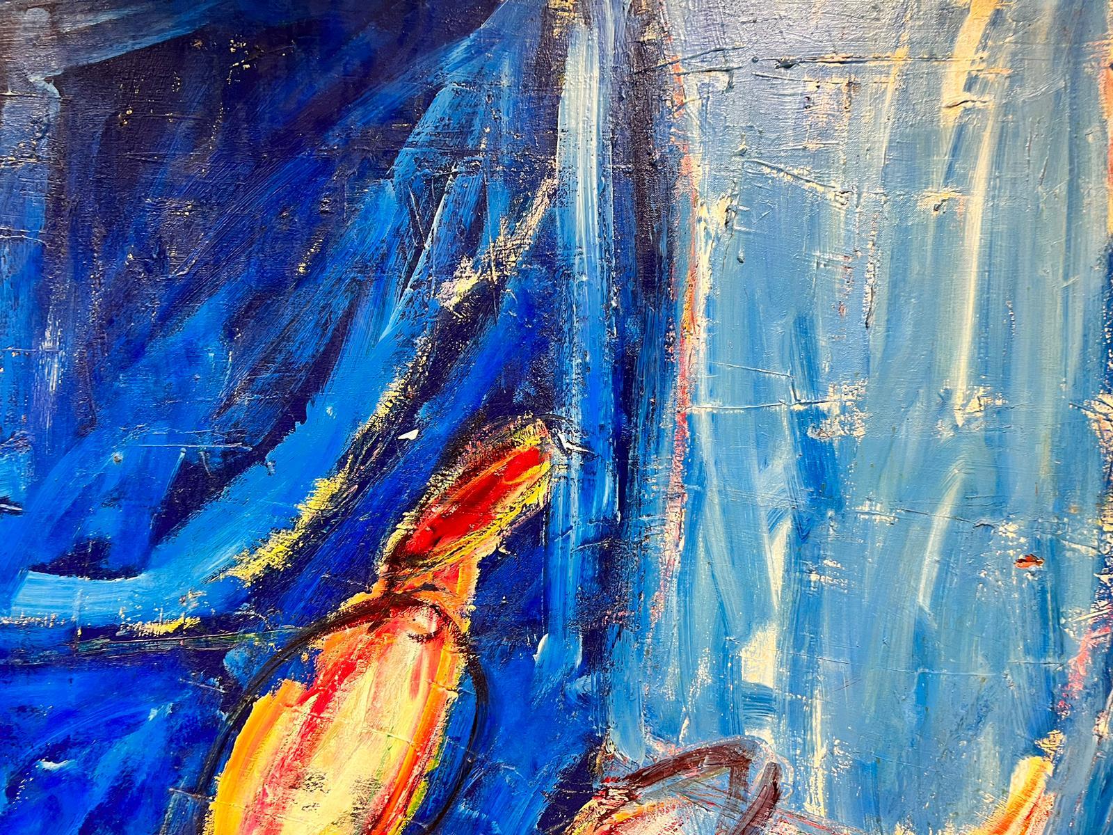 Huge French Expressionist Abstract Signed Oil Blue with Orange Yellow Shapes For Sale 2