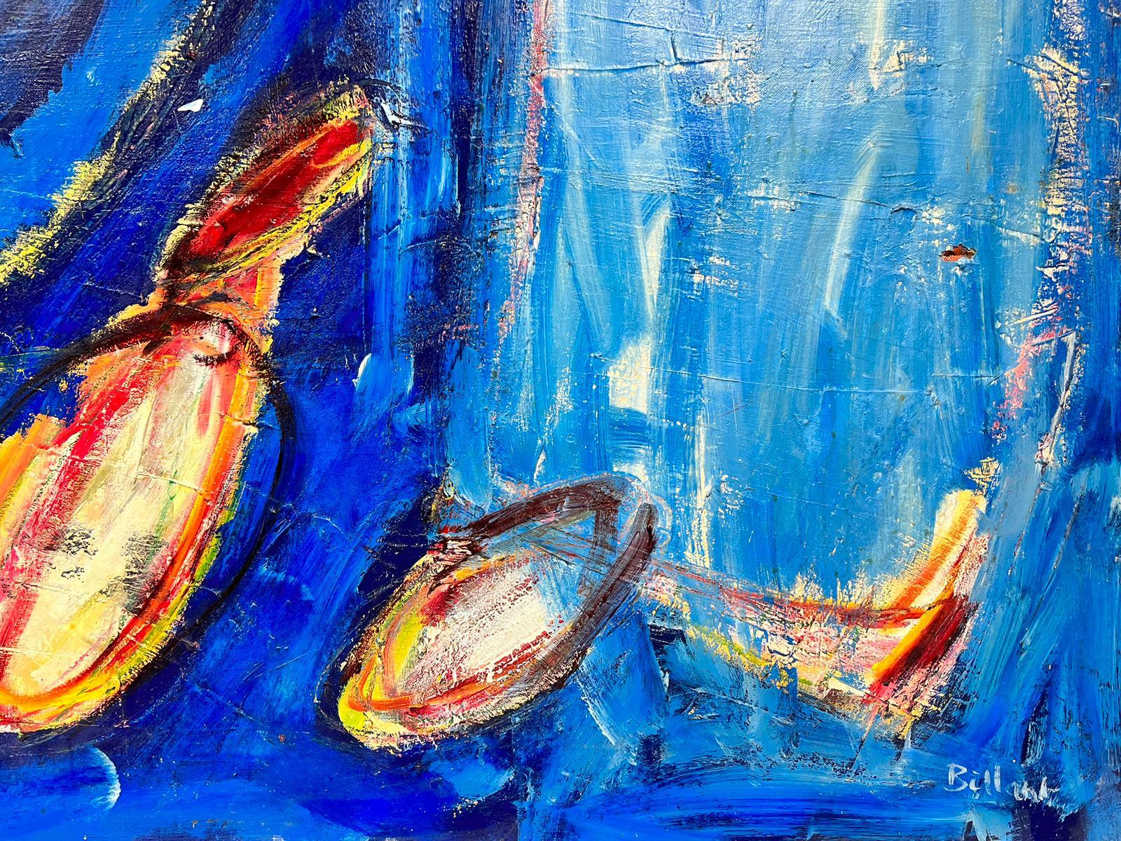 Huge French Expressionist Abstract Signed Oil Blue with Orange Yellow Shapes For Sale 3