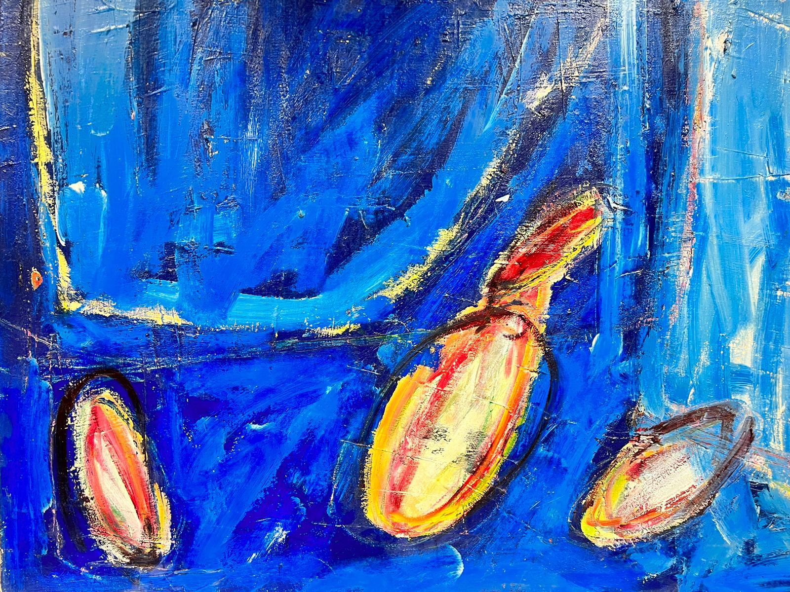 Huge French Expressionist Abstract Signed Oil Blue with Orange Yellow Shapes For Sale 4