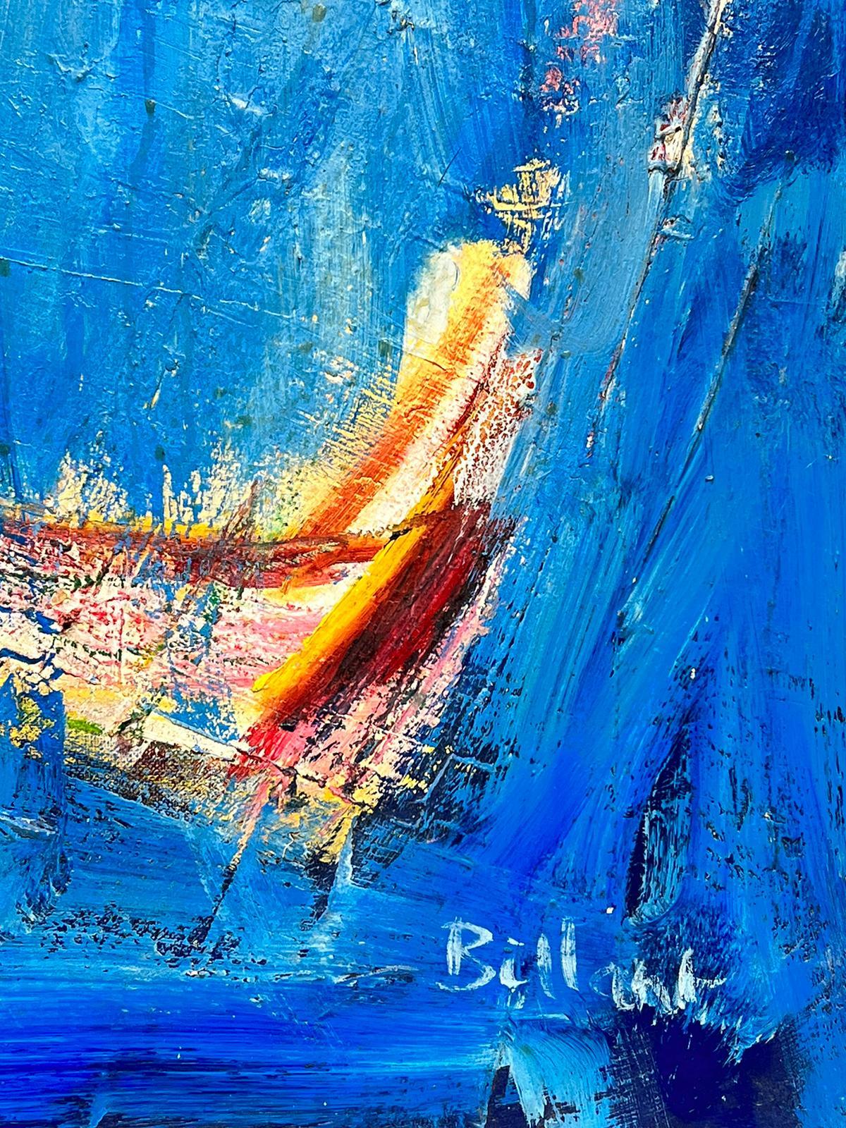 Très grande huile expressionniste française abstraite signée, bleue avec des formes jaunes orange en vente 1
