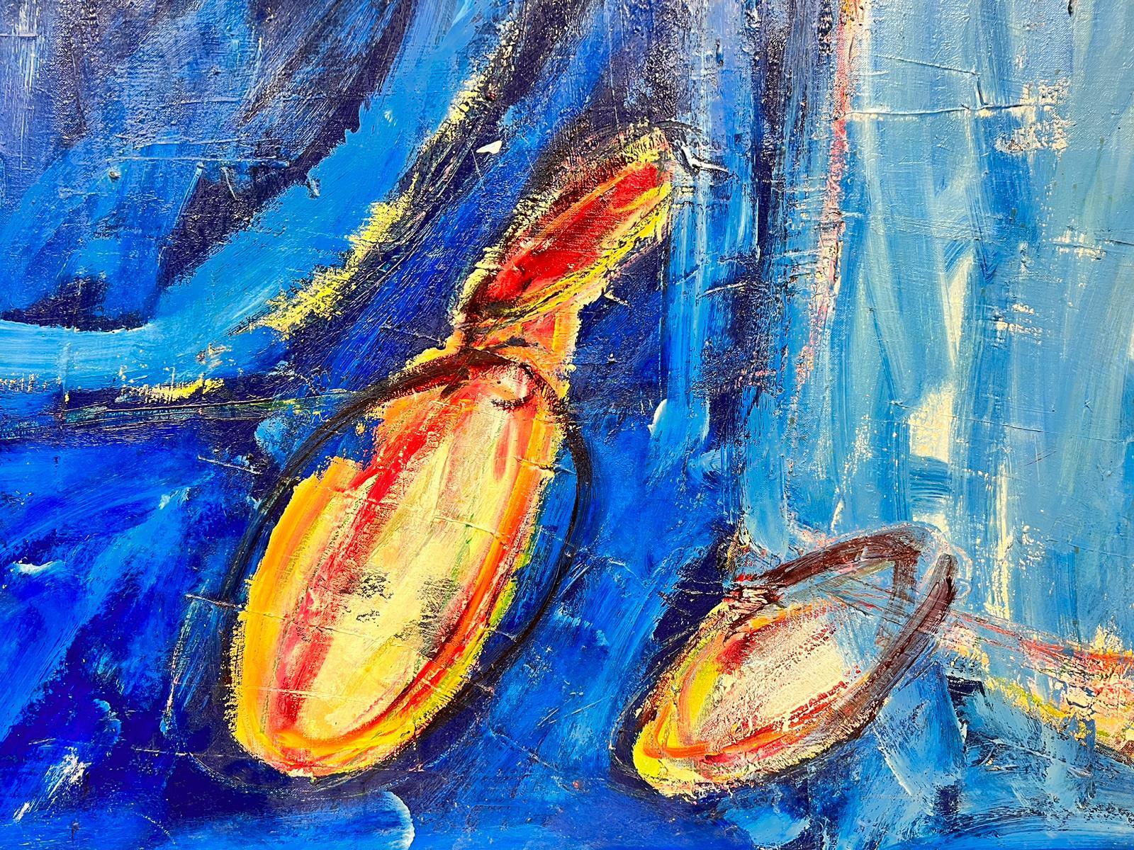 Très grande huile expressionniste française abstraite signée, bleue avec des formes jaunes orange en vente 2