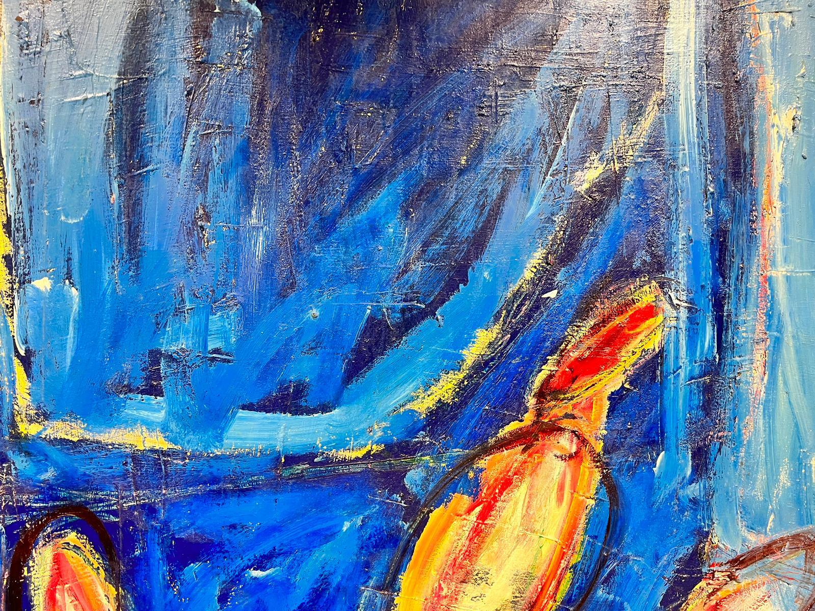 Huge French Expressionist Abstract Signed Oil Blue with Orange Yellow Shapes For Sale 7