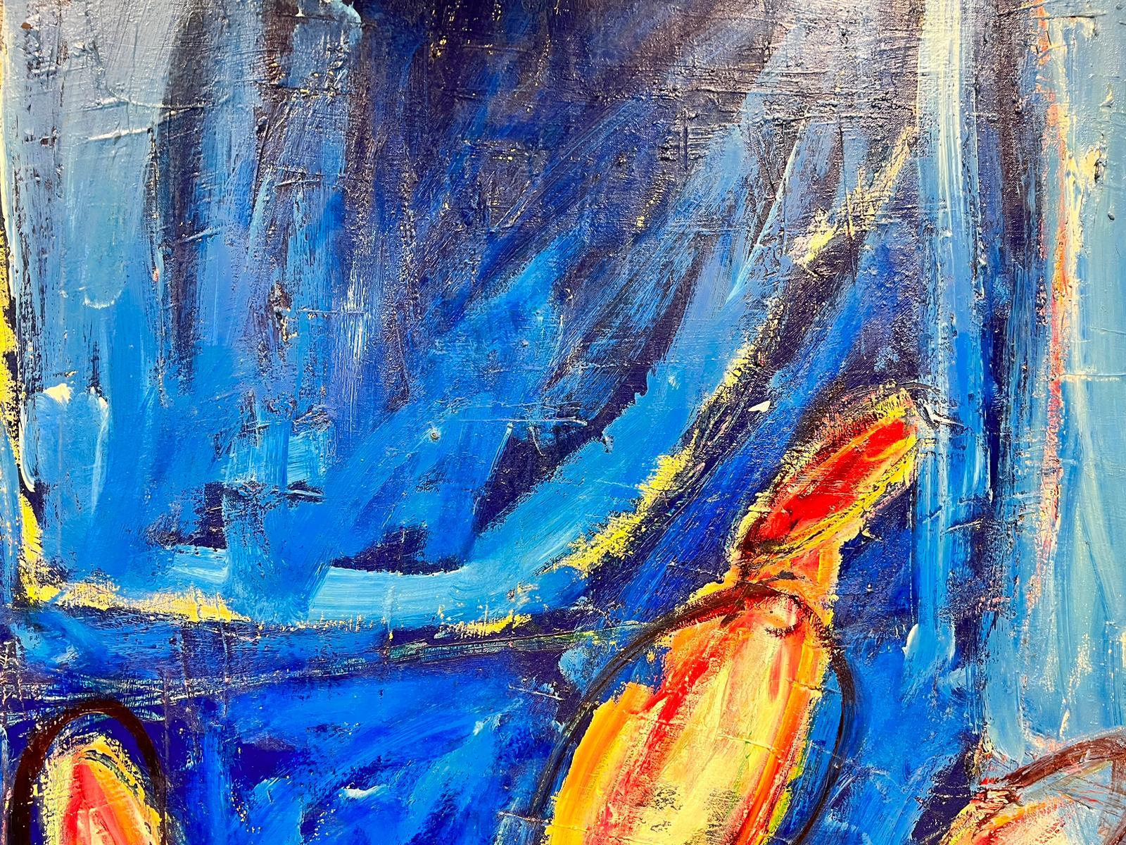 Très grande huile expressionniste française abstraite signée, bleue avec des formes jaunes orange en vente 3
