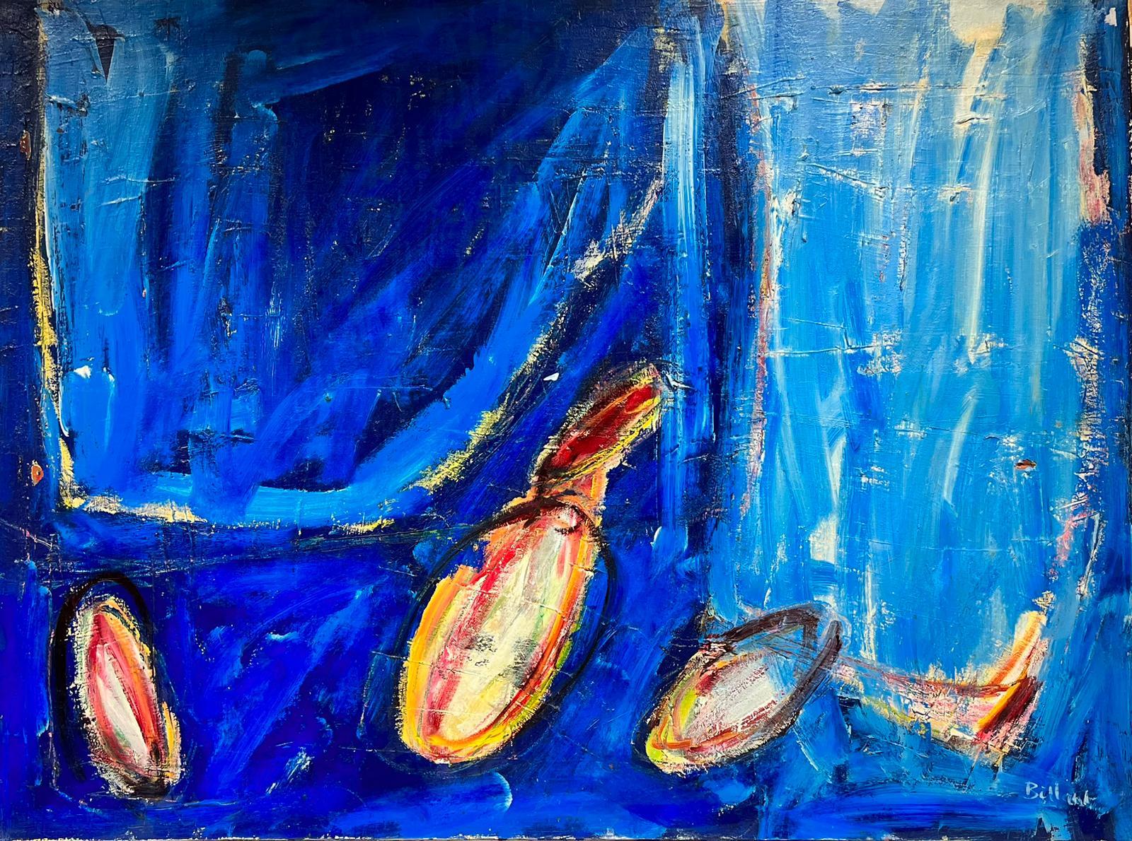 Très grande huile expressionniste française abstraite signée, bleue avec des formes jaunes orange