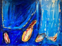 Vintage Huge French Expressionist Abstract Signed Oil Blue with Orange Yellow Shapes