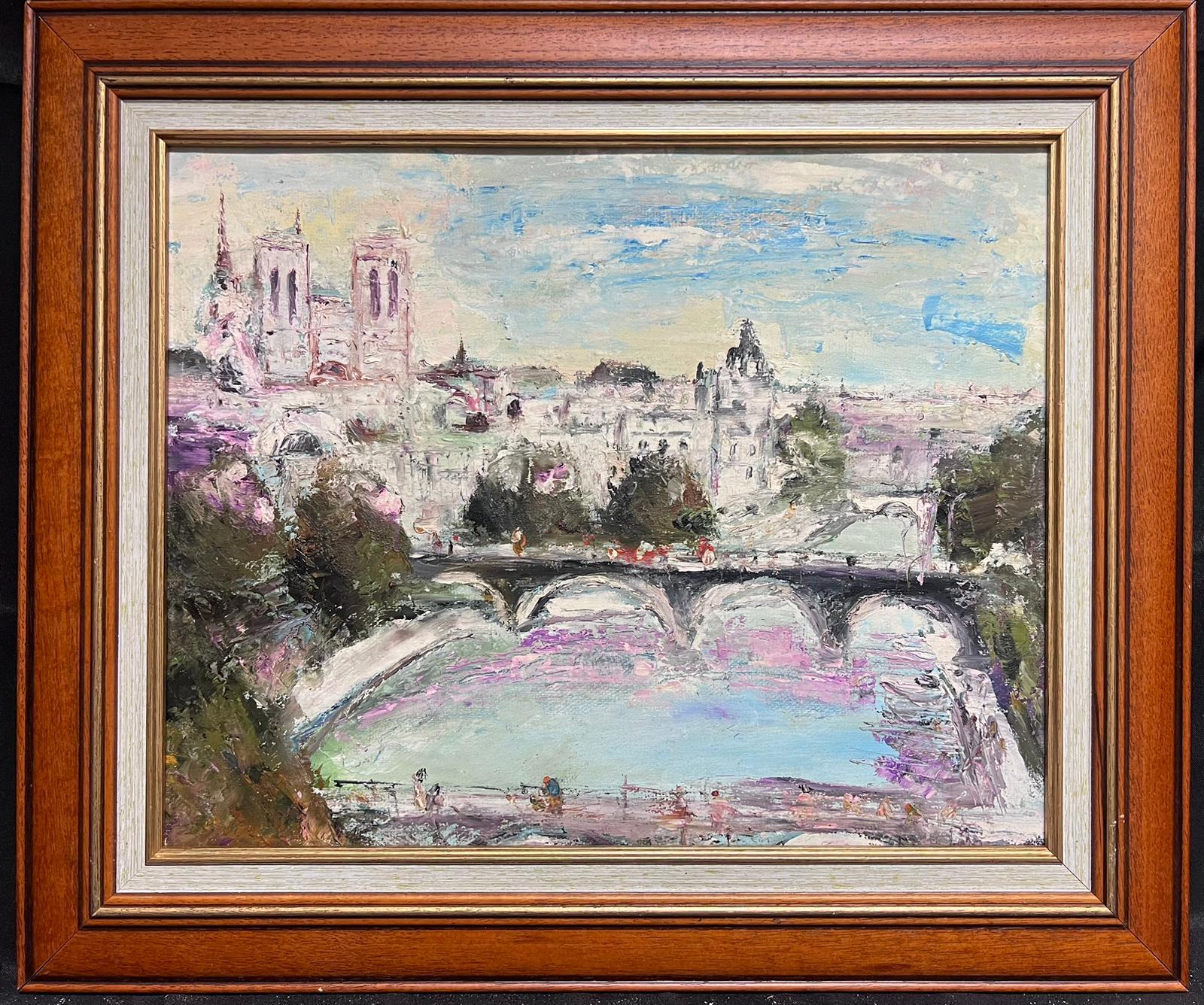 Large 20th Century French Expressionist Signed Oil View over Paris River Seine For Sale 1