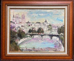 Grande vue à l'huile de l'expressionniste français du 20e siècle, signée, au-dessus de la rivière Seine de Paris