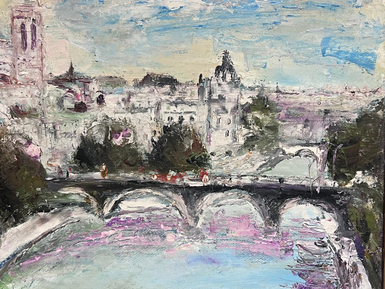 Large 20th Century French Expressionist Signed Oil View over Paris River Seine For Sale 6
