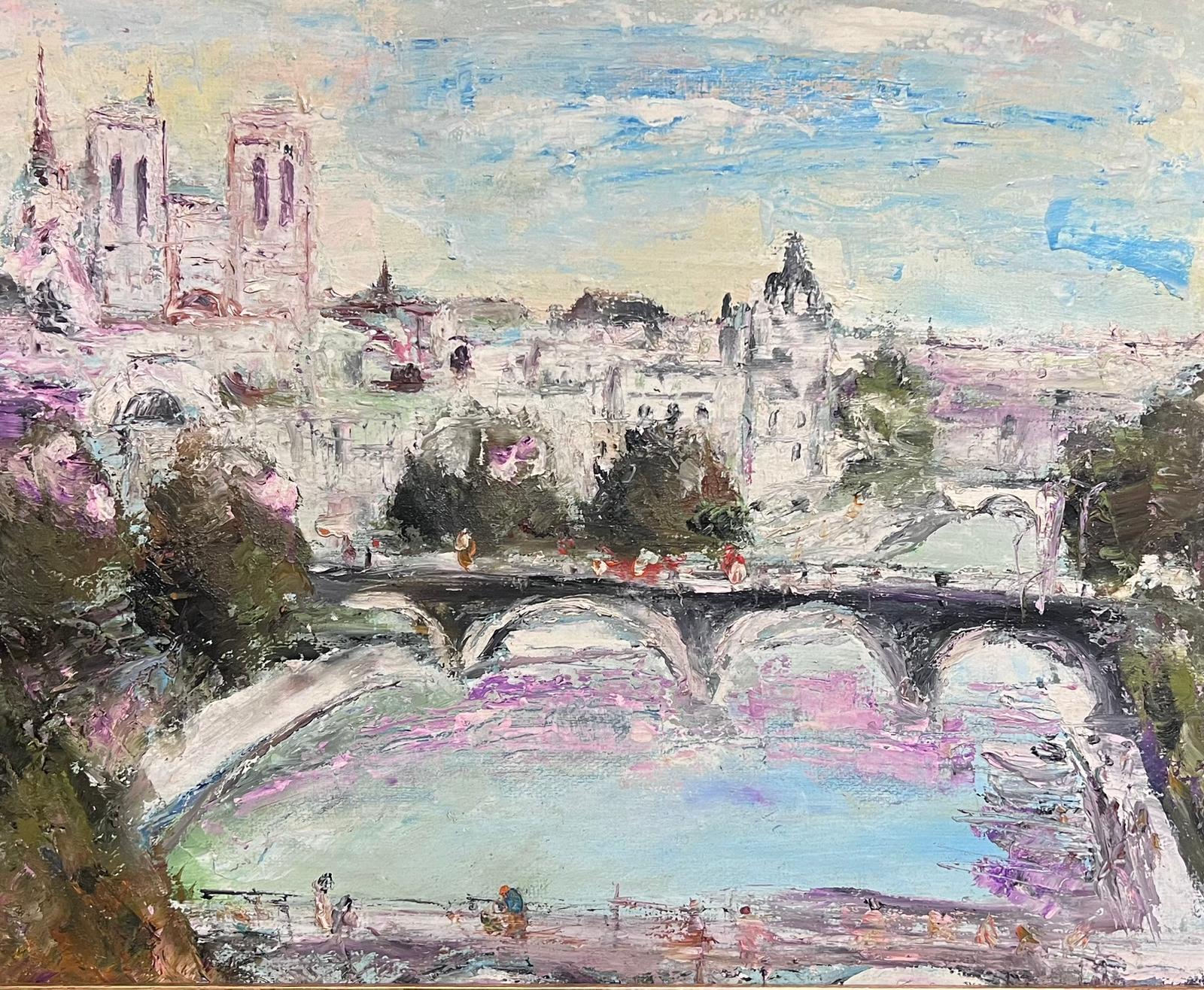 French Expressionist Abstract Painting – Große 20. Jahrhundert Französisch Expressionist signiert Öl Blick über Paris Fluss Seine