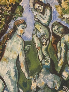Large French Expressionist Oil Painting Nude Bathers in Woodland