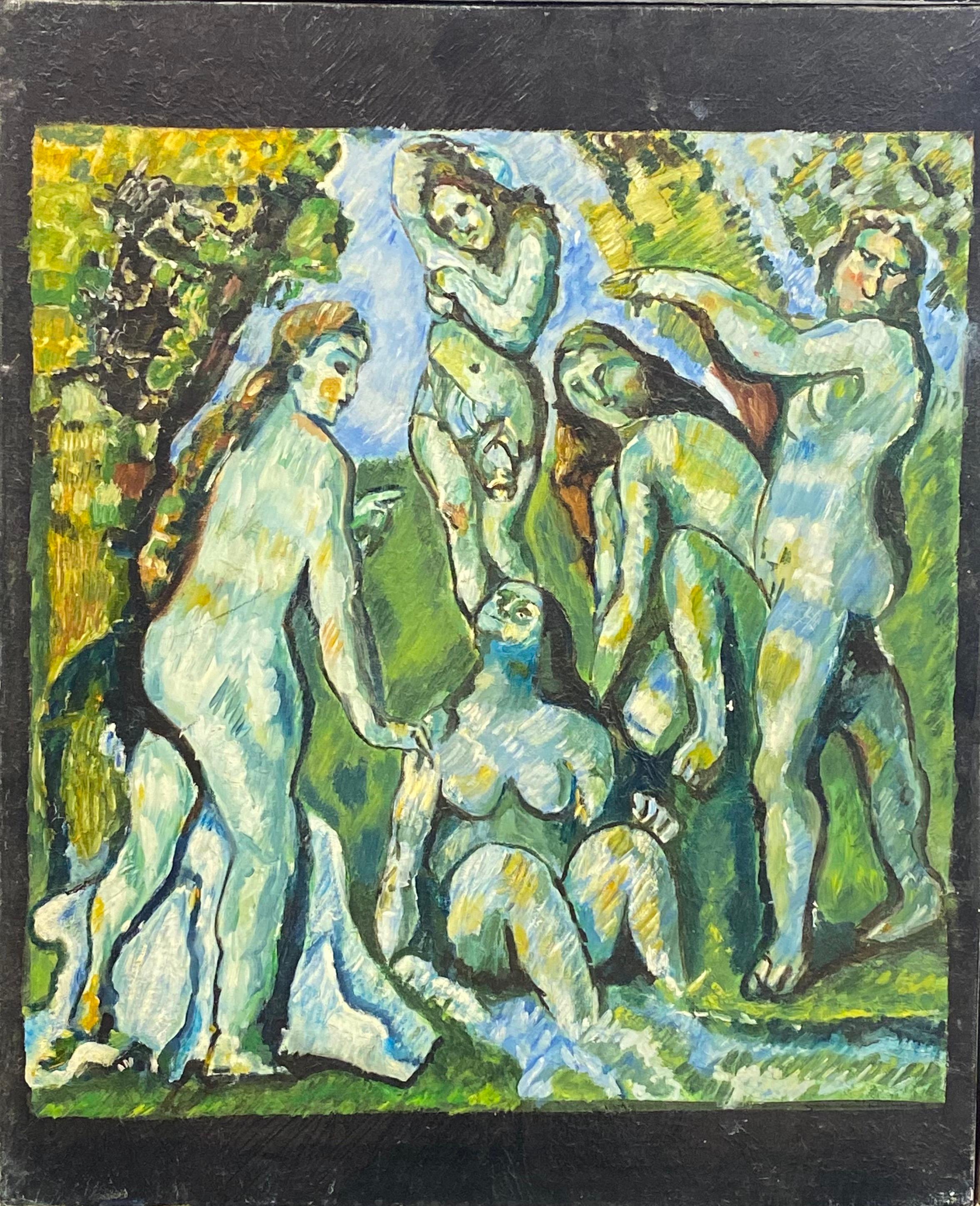Gran óleo expresionista francés Bañistas desnudas en el bosque