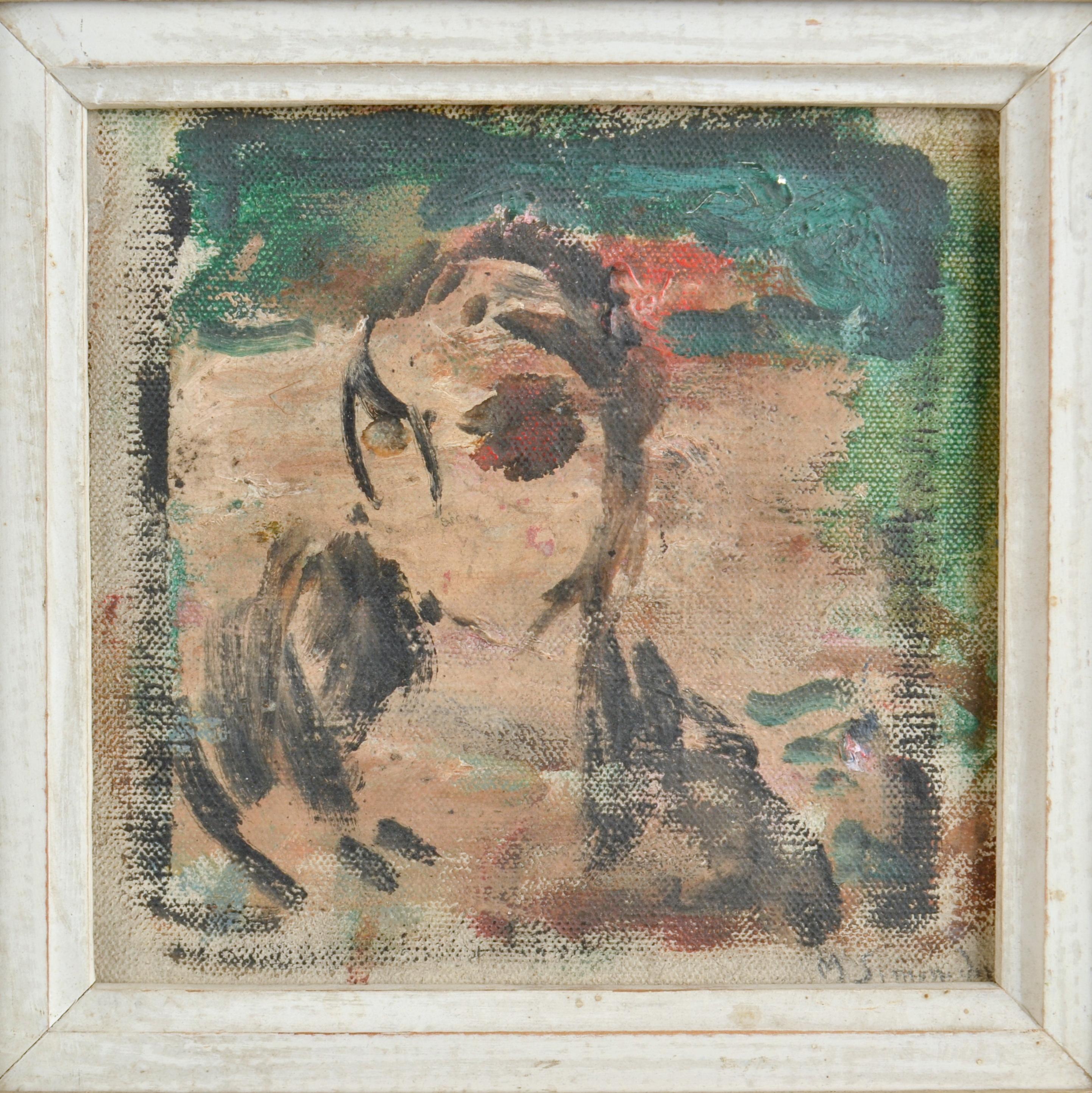 Intimite expressive female portrait painting on canvas by M.Simon, France 1940-50's. The painting is framed in a tri-colour frame.