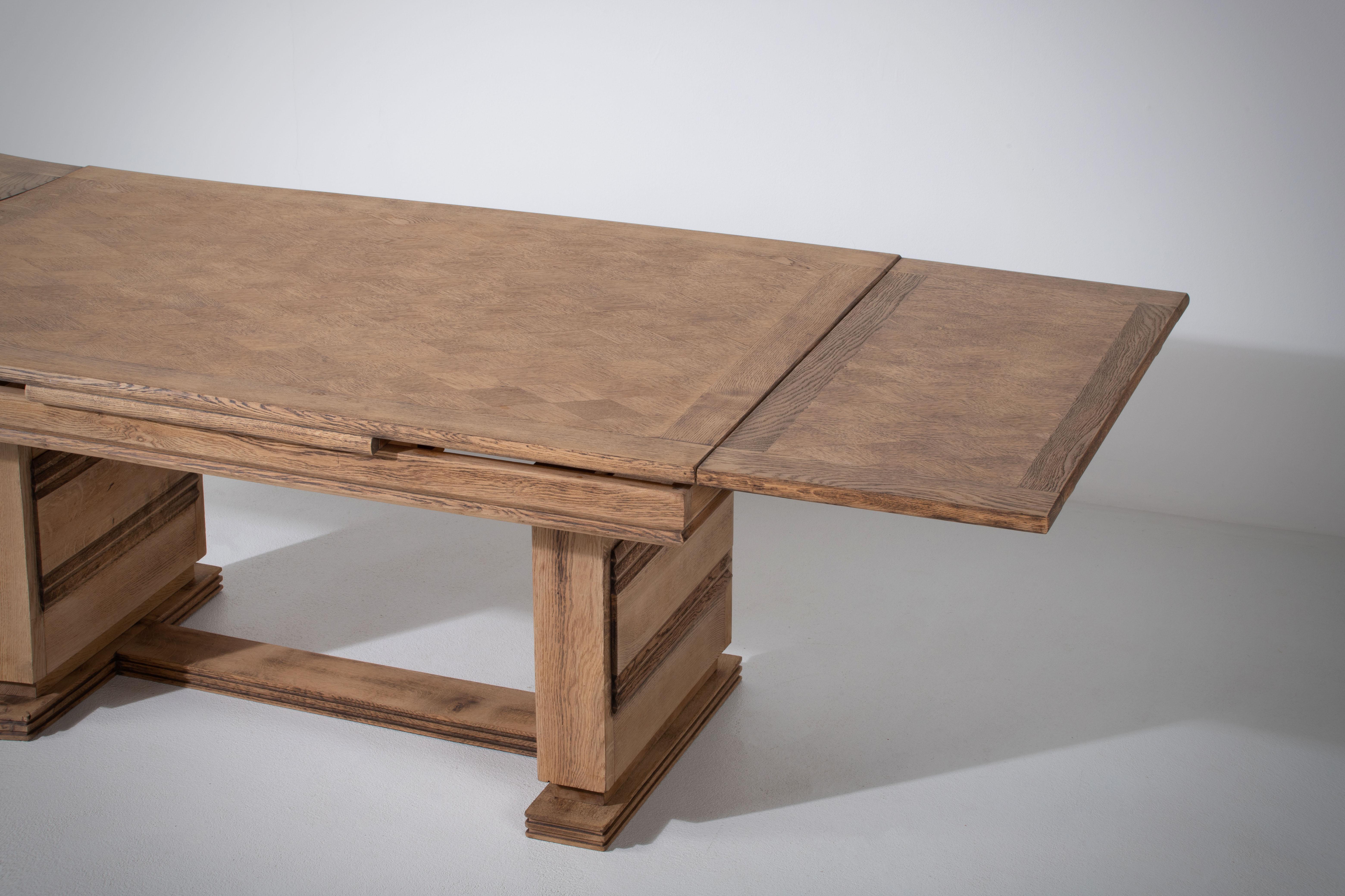 French Extendable Art Deco Table Oak, Dudouyt, 1940s For Sale 14