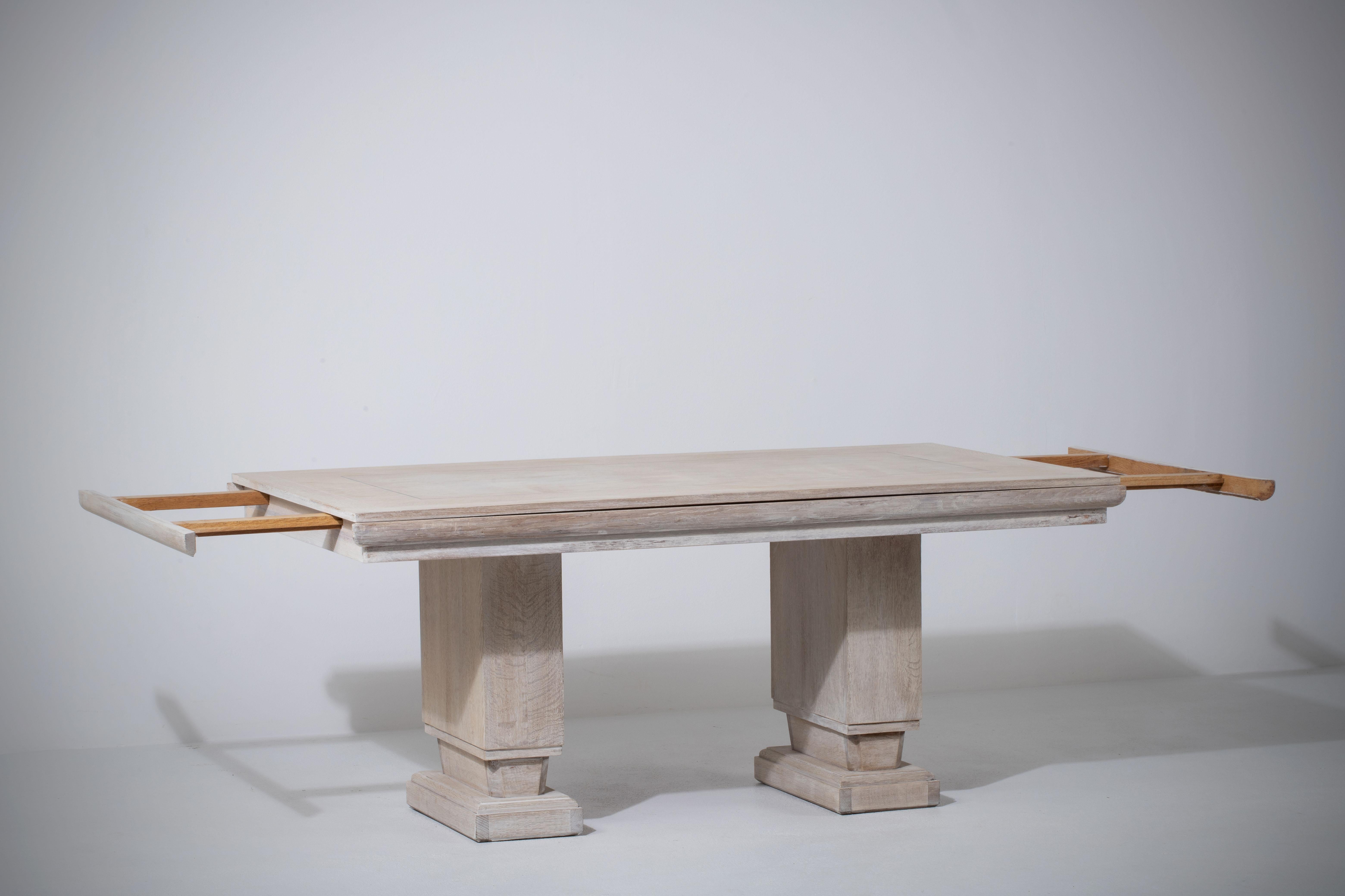 Mid-20th Century French Extendable Cerused Art Deco Table Oak, Dudouyt, 1940s For Sale