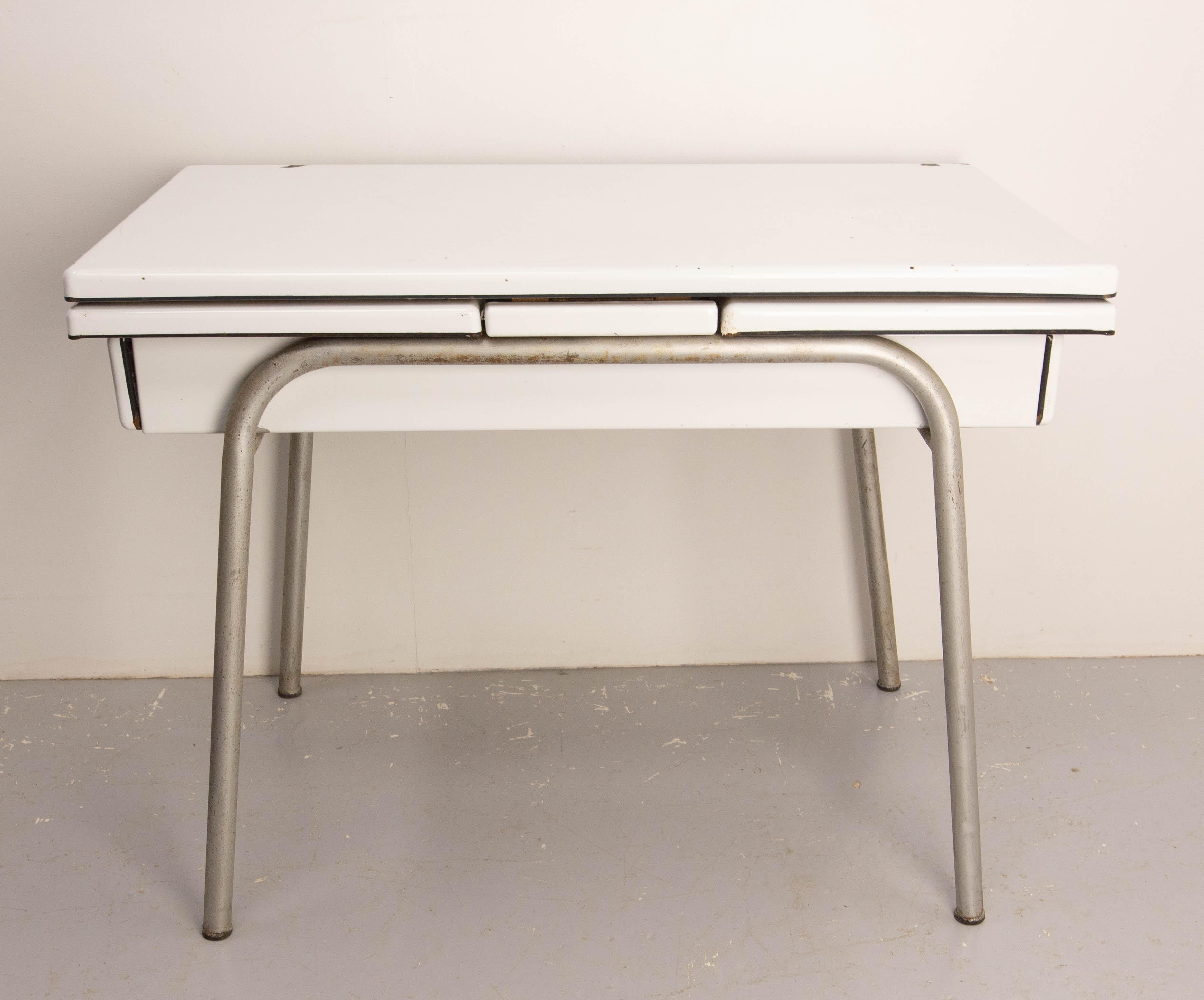 Mid-Century Modern French Extending Dining Table Enamelled Metal & Chrome, circa 195 For Sale