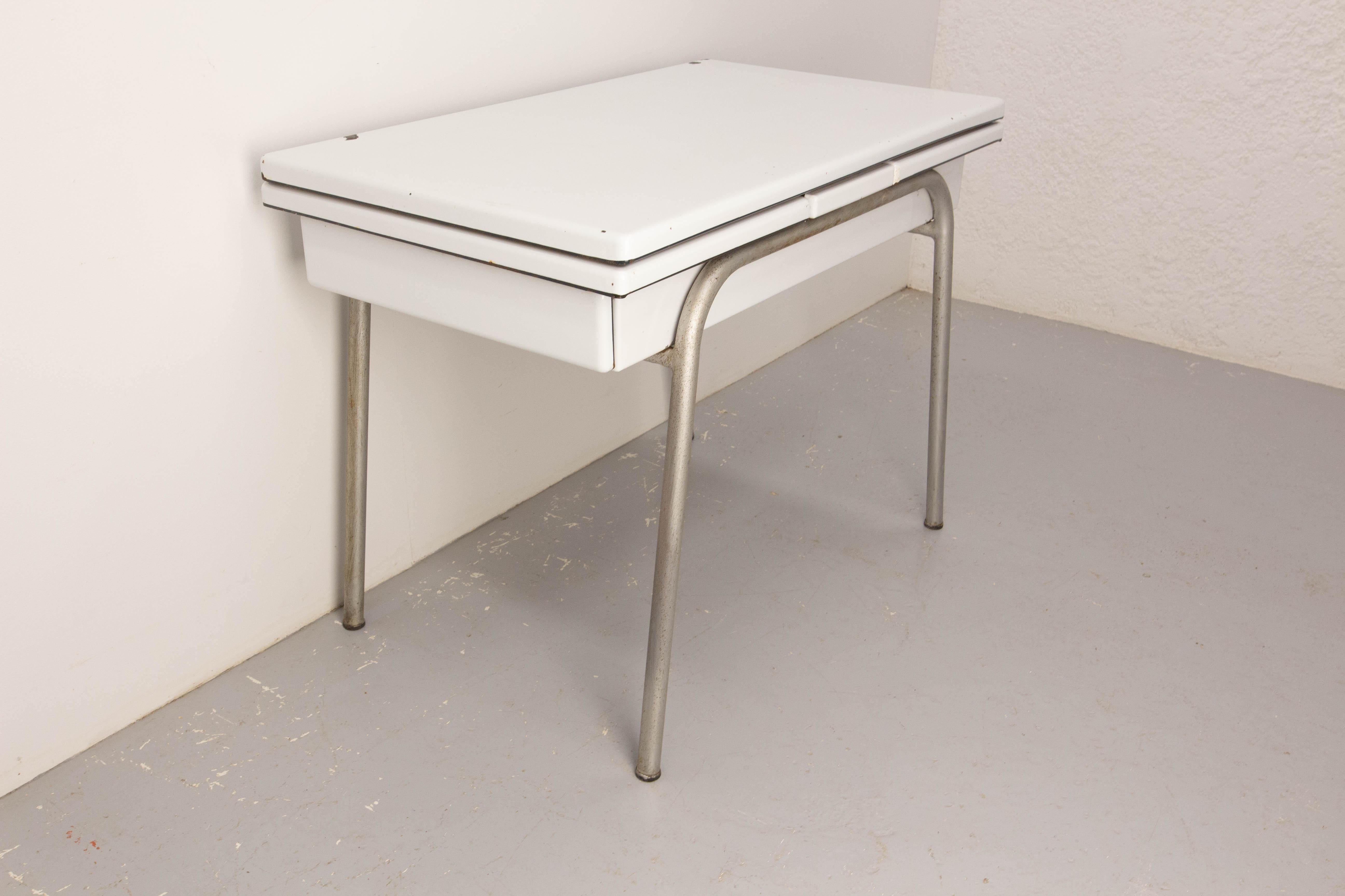 20th Century French Extending Dining Table Enamelled Metal & Chrome, circa 195 For Sale