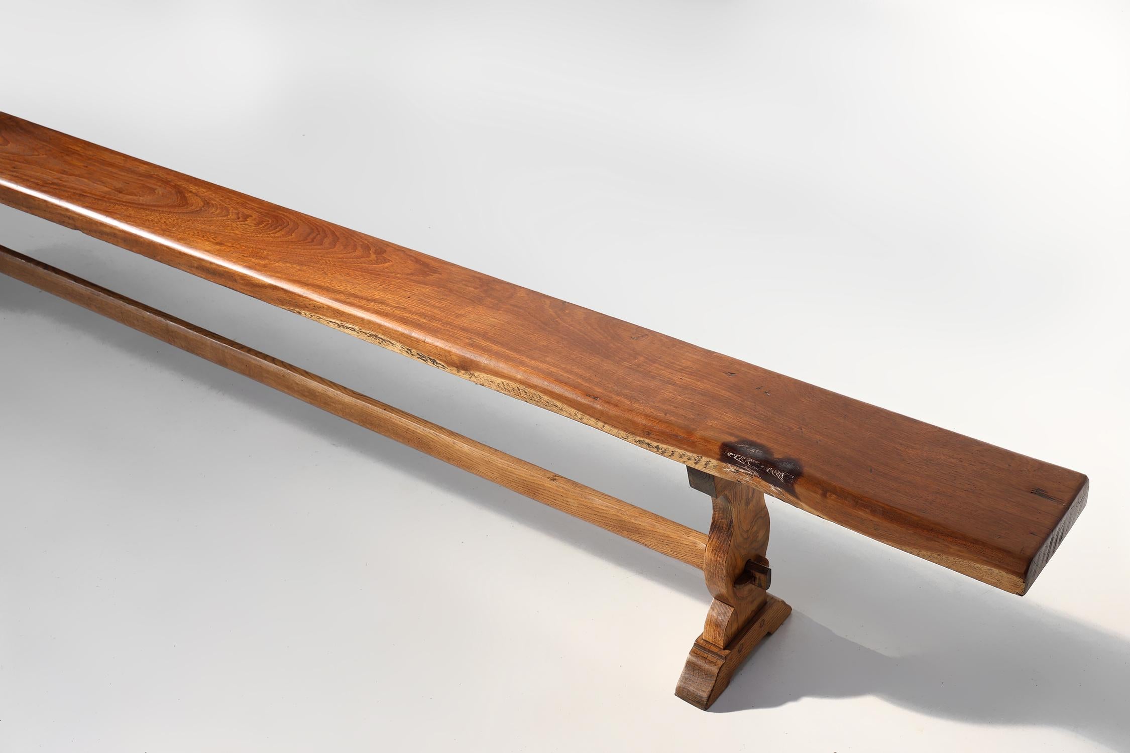 Orme Banc de monastère français extra long en bois d'orme massif, vers 1850 en vente