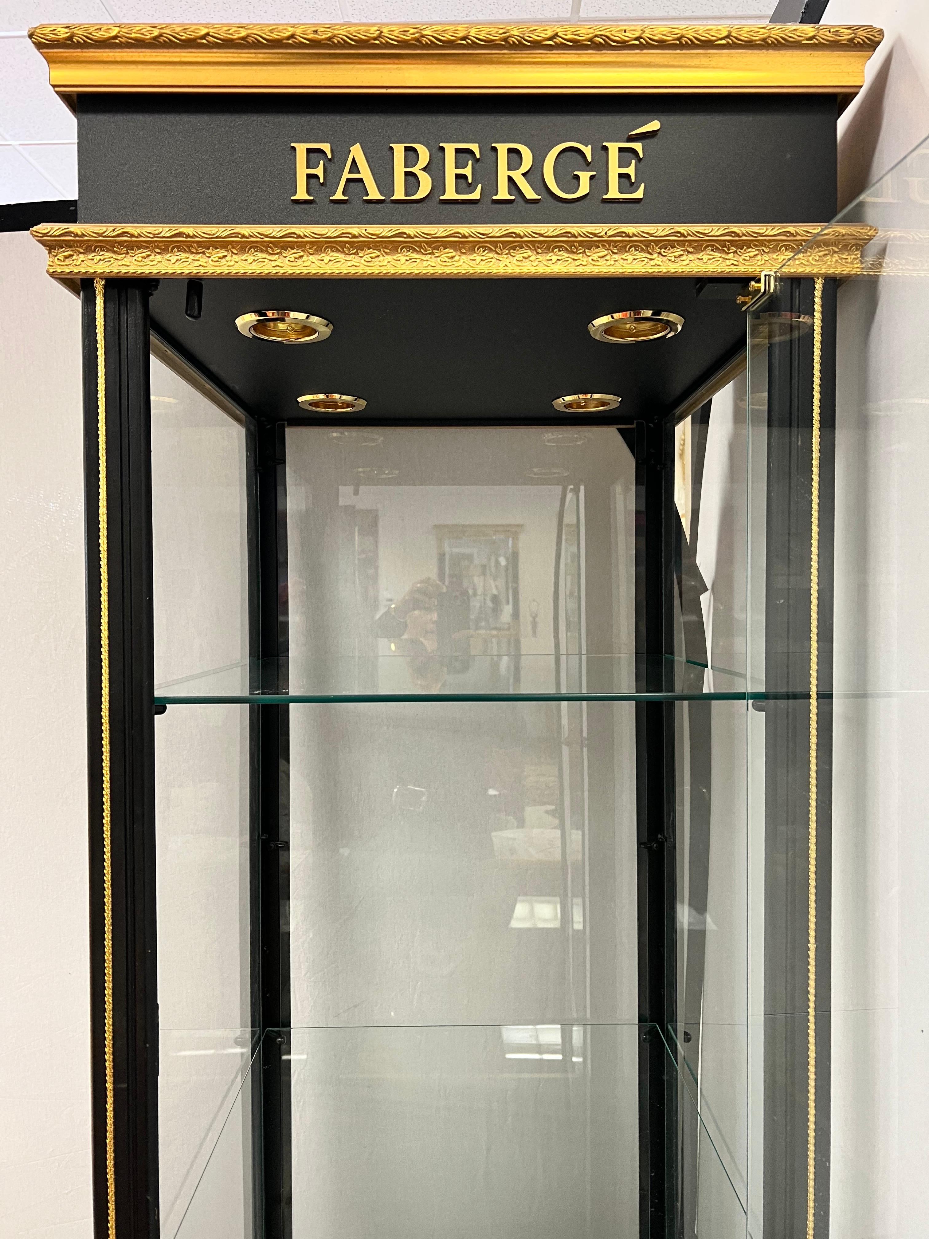 French Faberge Black and Gold Lighted Display Cabinet Vitrine In Good Condition In West Hartford, CT
