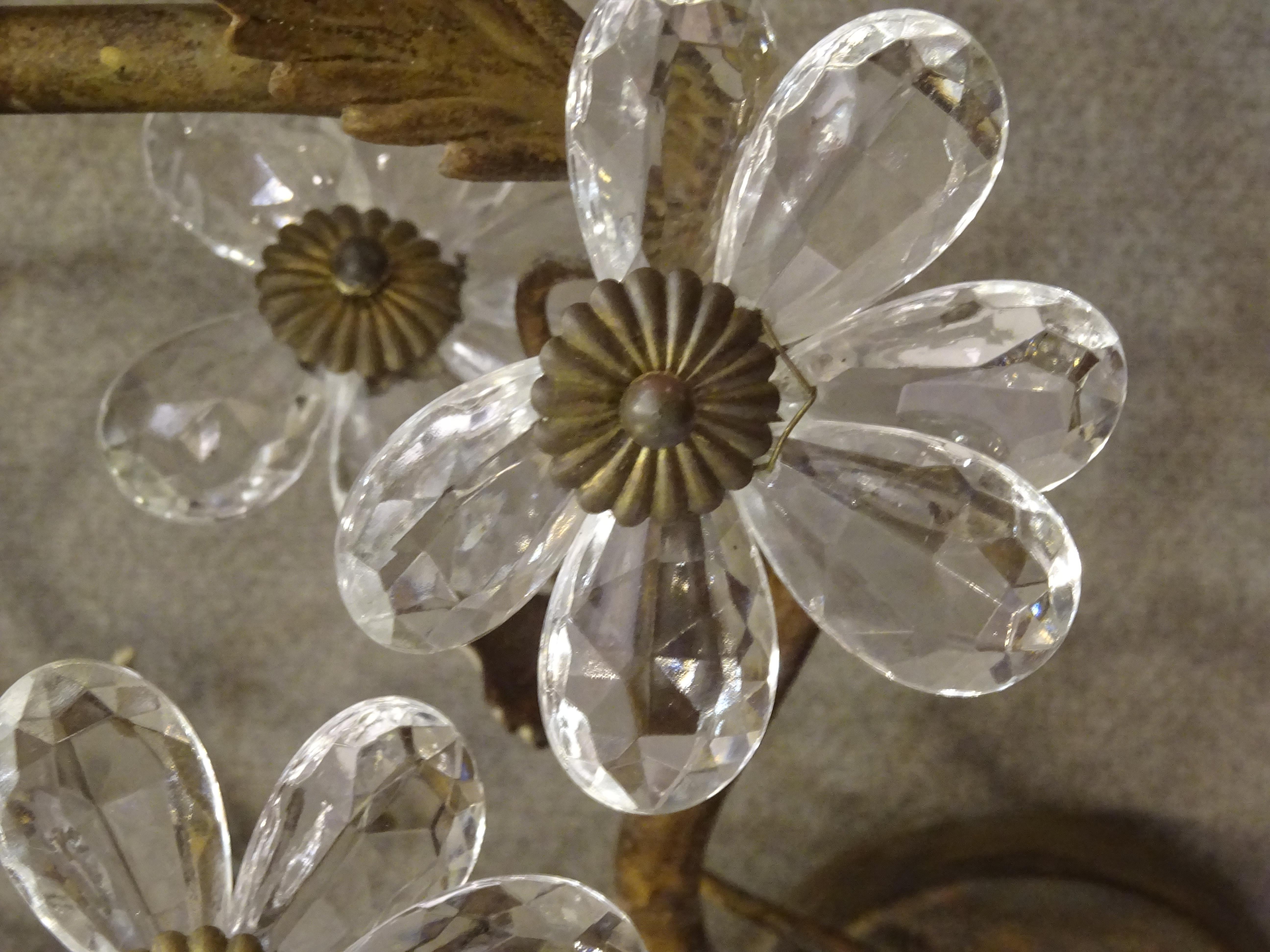 French Faceted and Cut Rock White Crystal Making Daisies Couple of Sconces For Sale 9