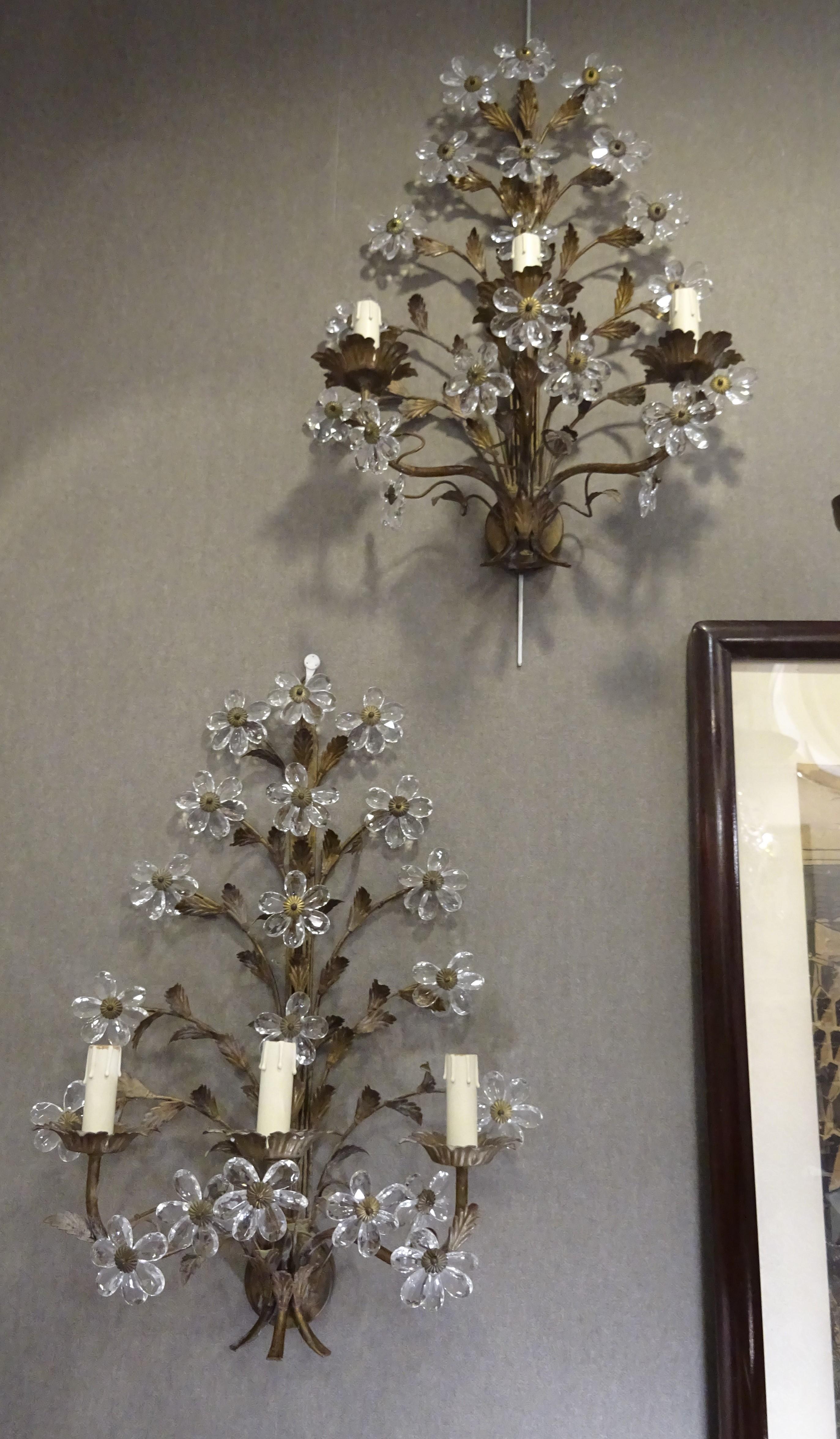 Napoleon III French Faceted and Cut Rock White Crystal Making Daisies Couple of Sconces For Sale