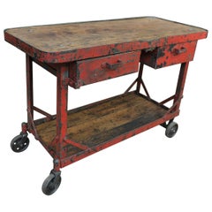 French Factory Industriel Riveted Iron Trolley Work Console Table, 1940s