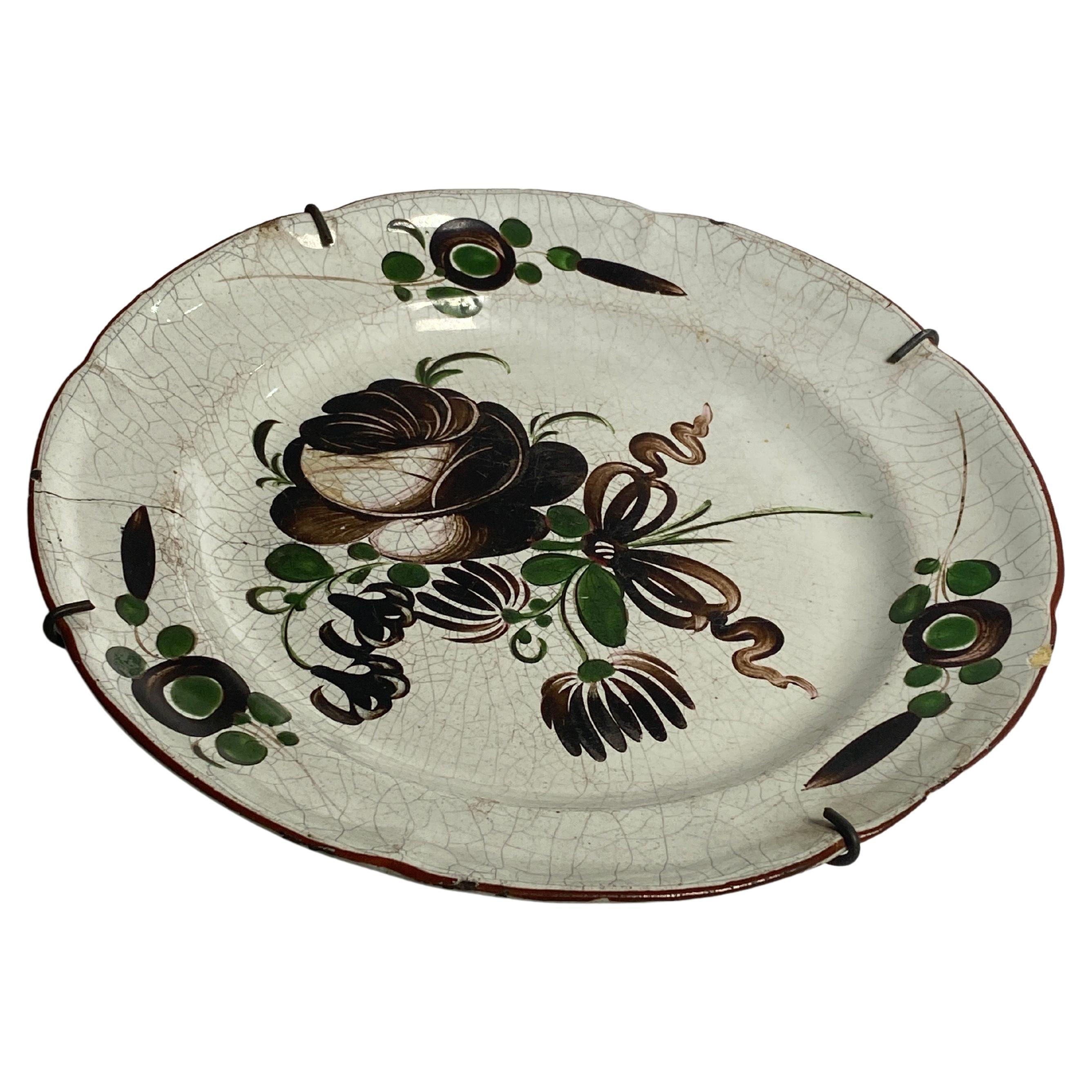 French Faience 18th Century, Flowers Decoration, Brown and Green Color