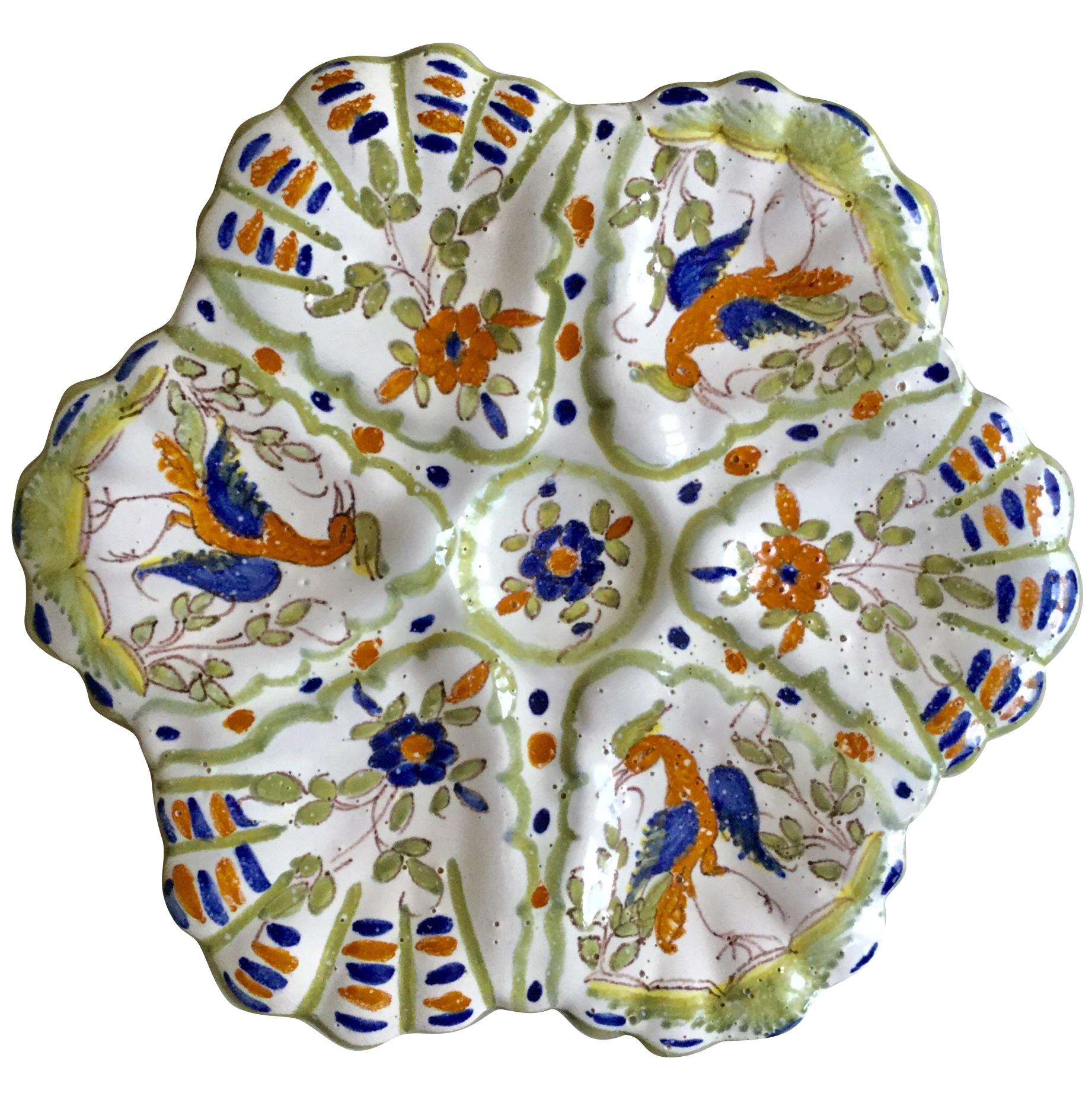 French Faience Birds Oyster Plate Circa 1940