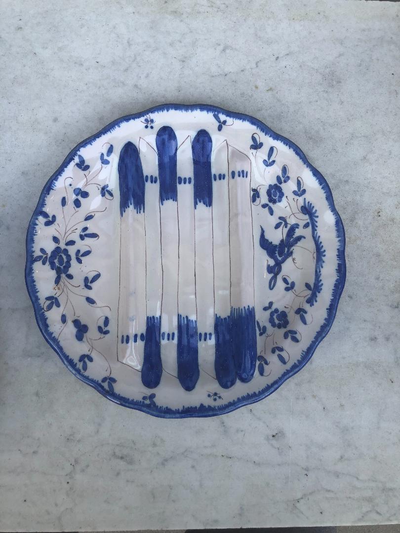 Country French Faience Blue and White Asparagus Plate, circa 1920 For Sale