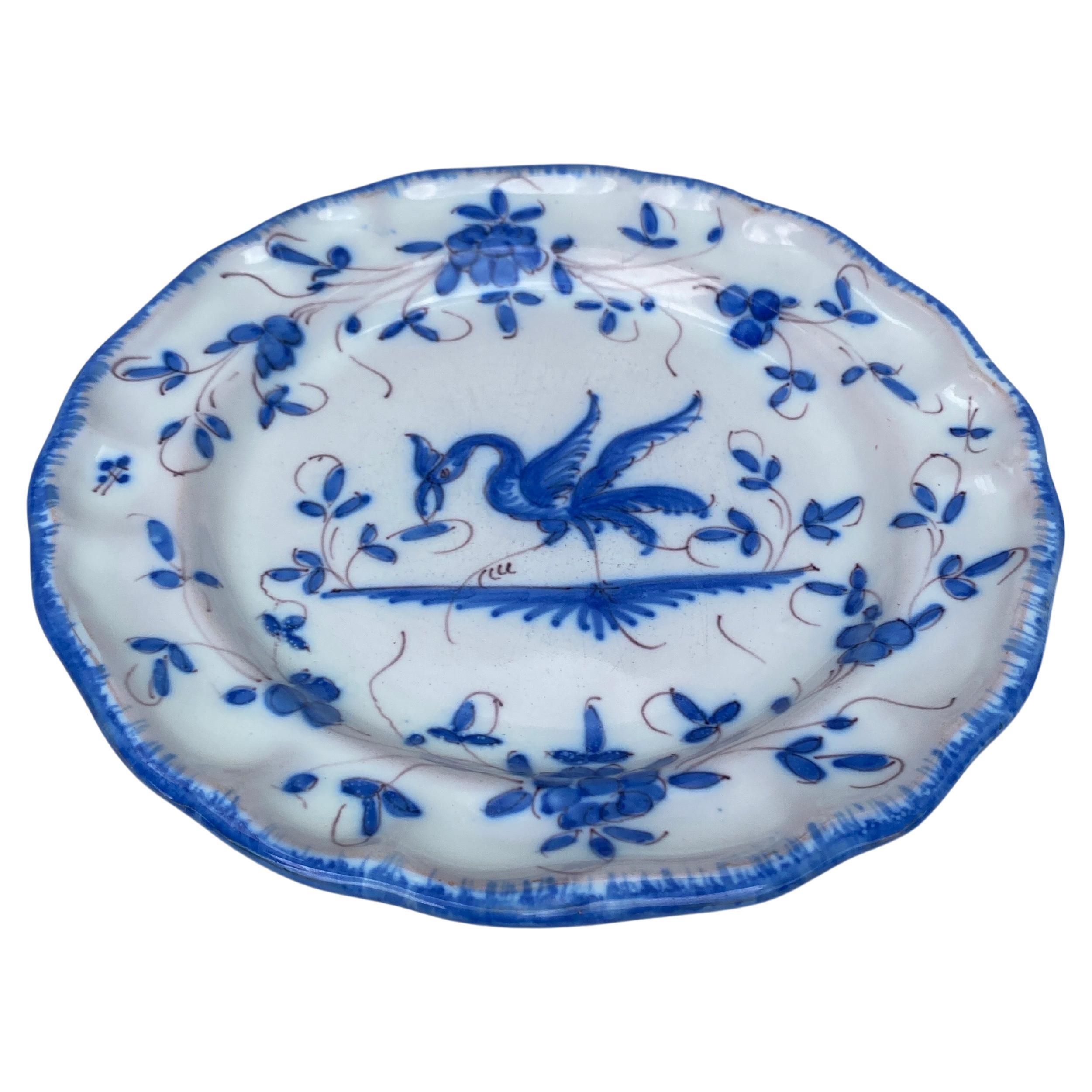 French Faience Blue & White Bird Plate Moustiers Style Moustiers style Martres Tolosane, circa 1900.
 