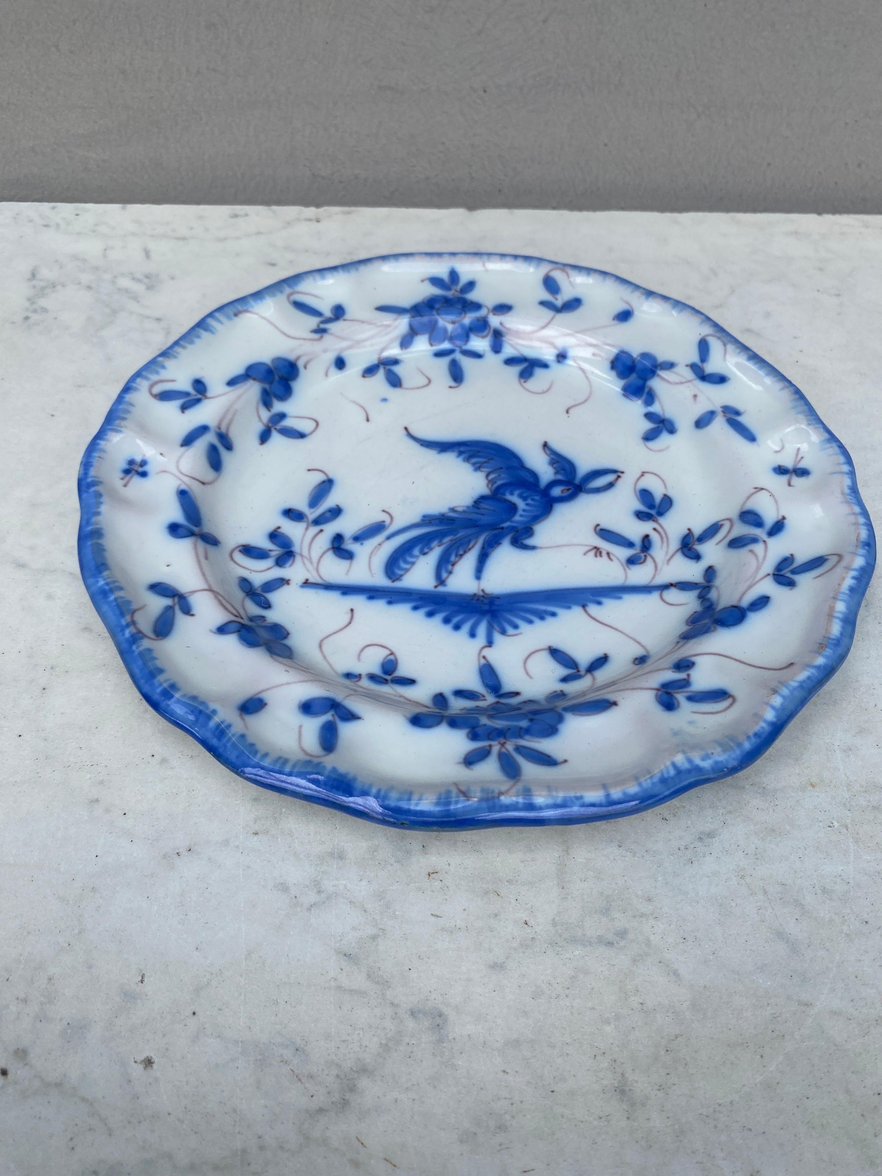French Faience Blue & White Bird Plate Moustiers Style Moustiers style Martres Tolosane, circa 1900.
 