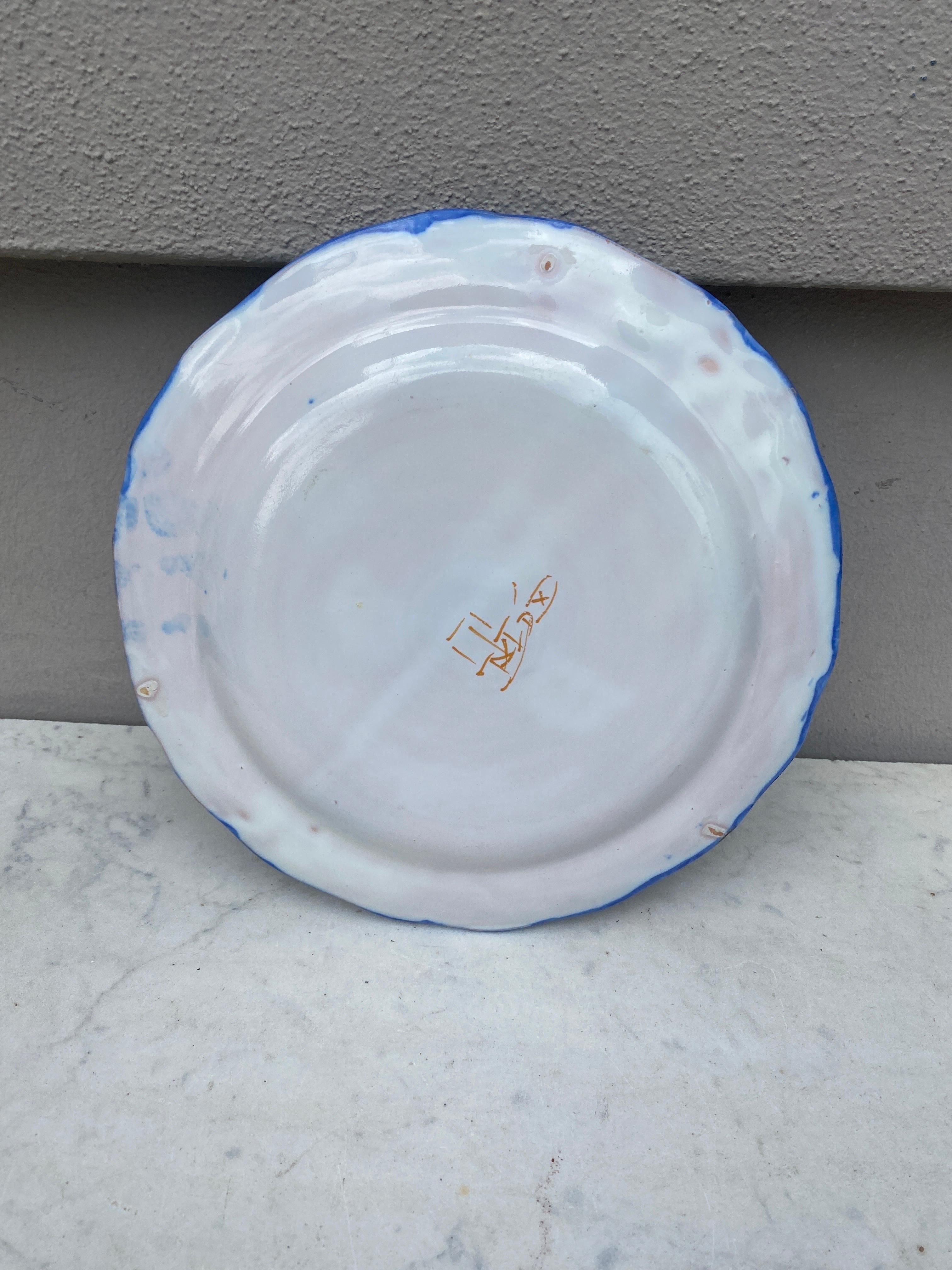 French Provincial French Faience Blue & White Bird Plate Moustiers Style For Sale