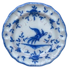 French Faience Blue & White Bird Plate Moustiers Style