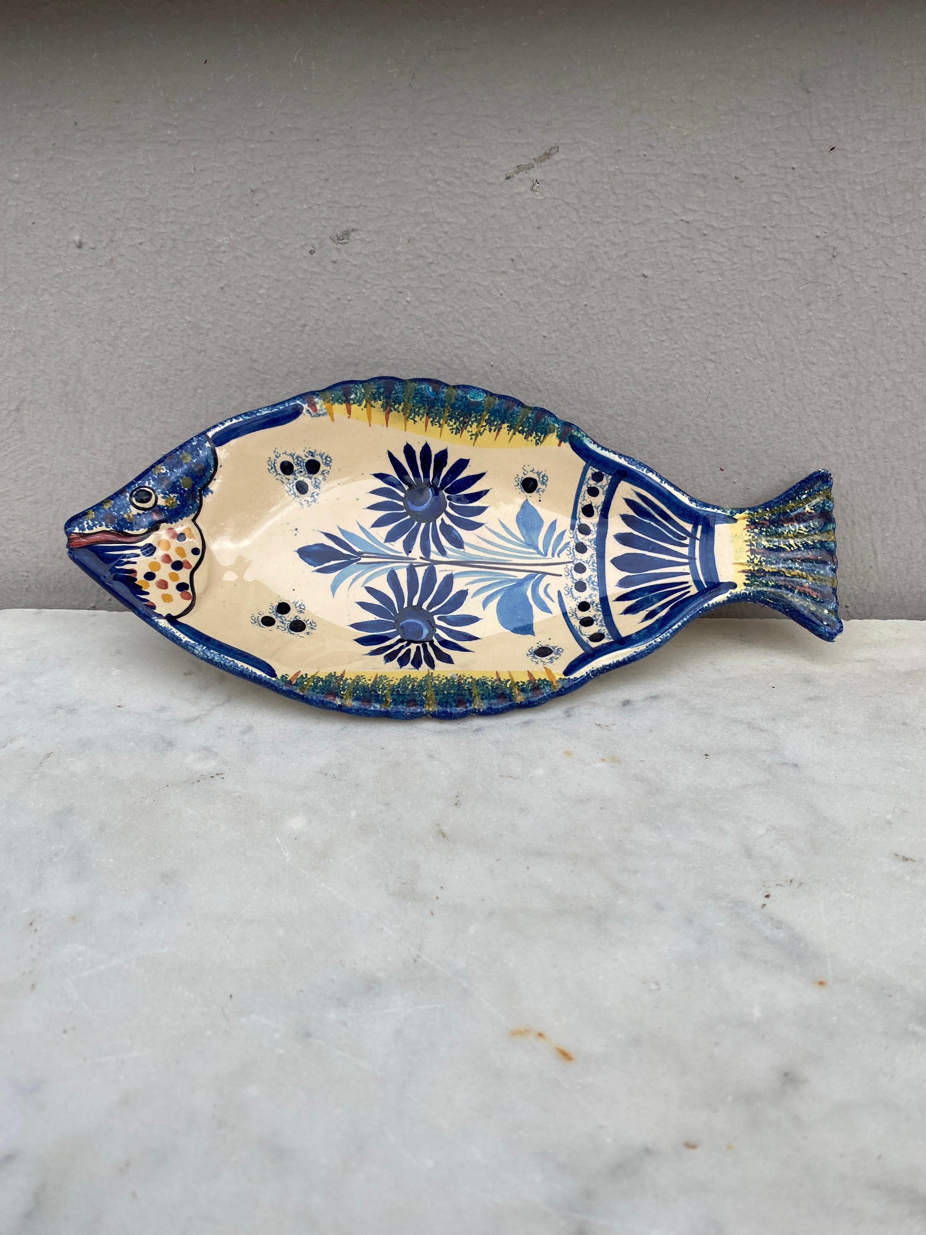 French Faience Blue & White Fish Platter Henriot Quimper, Circa 1930.
