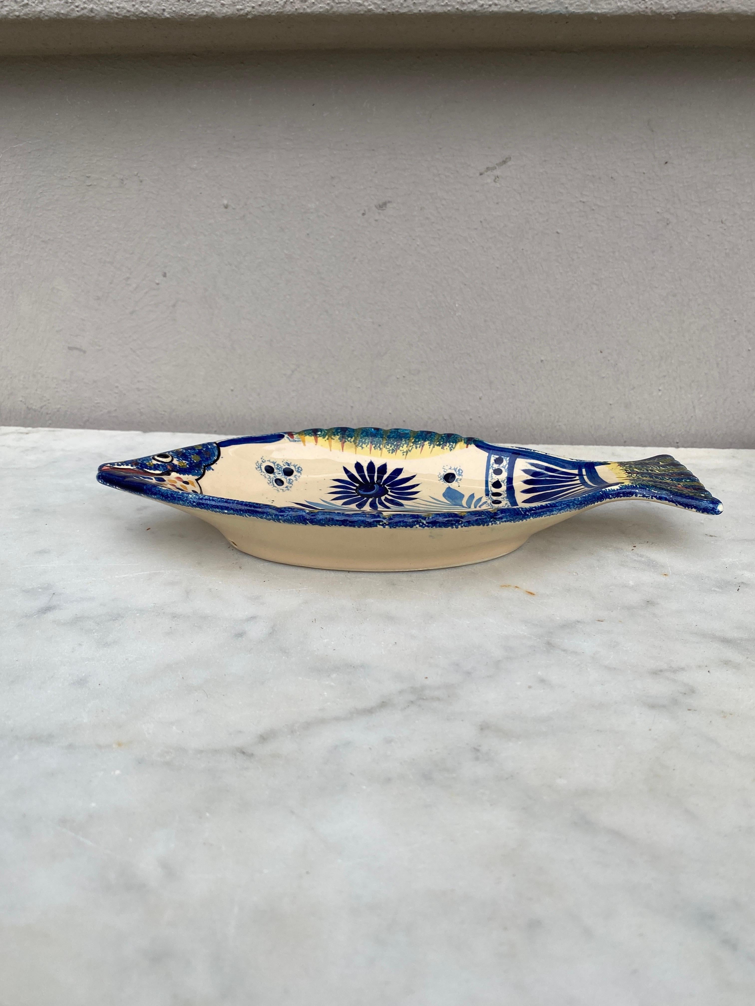Rustic French Faience Blue & White Fish Platter Henriot Quimper, Circa 1930 For Sale