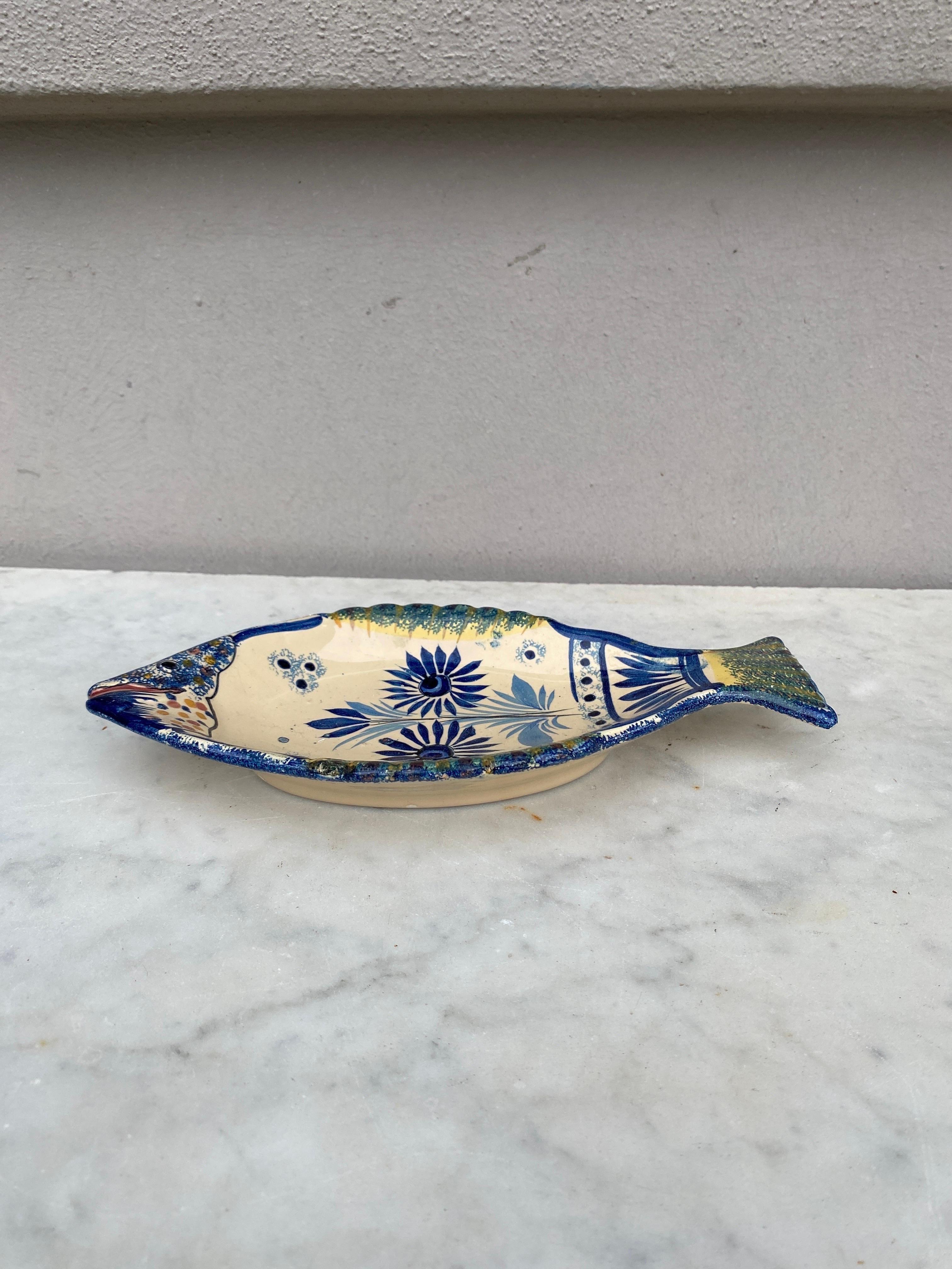 Rustic French Faience Blue & White Fish Platter Henriot Quimper, Circa 1930 For Sale