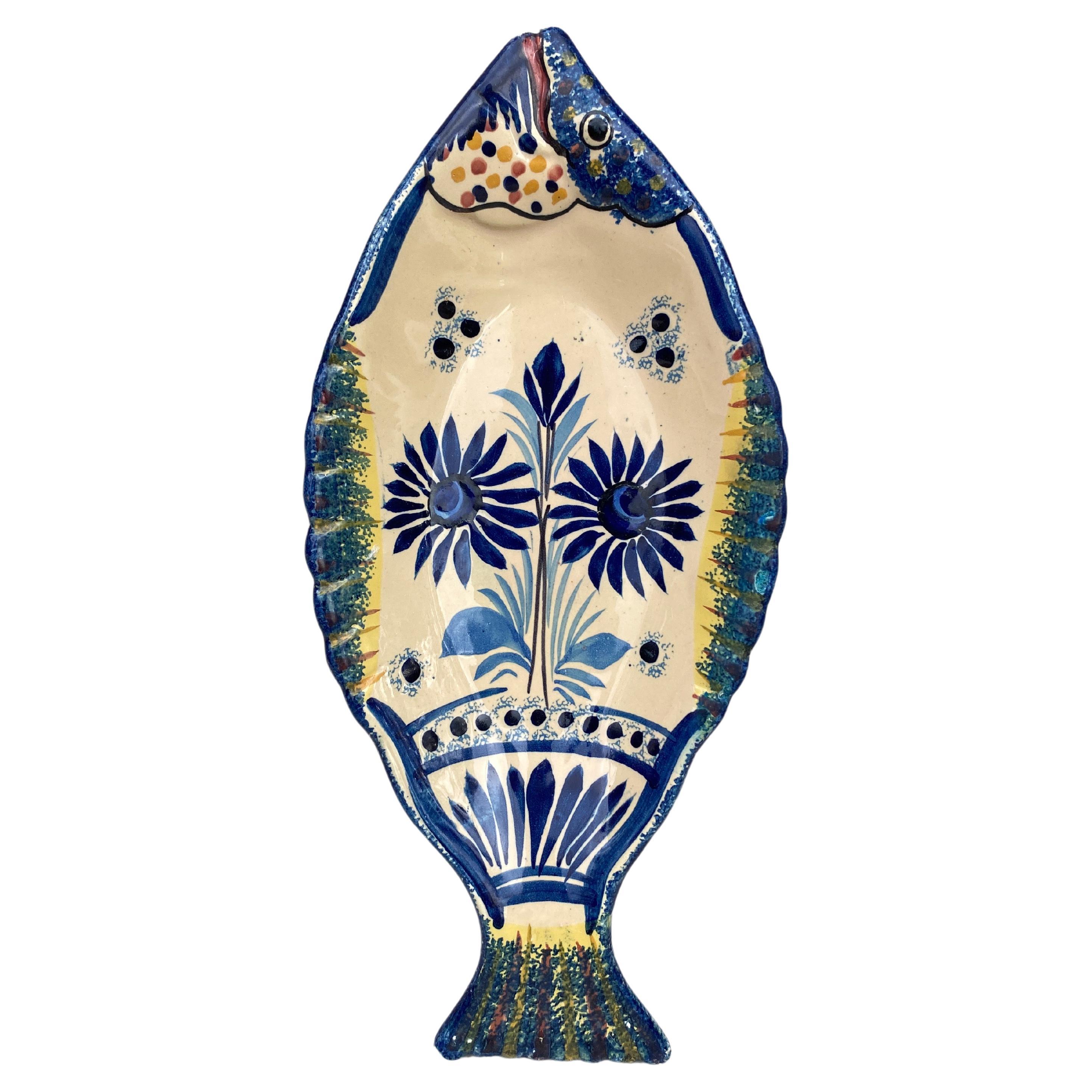 French Faience Blue & White Fish Platter Henriot Quimper, Circa 1930 For Sale