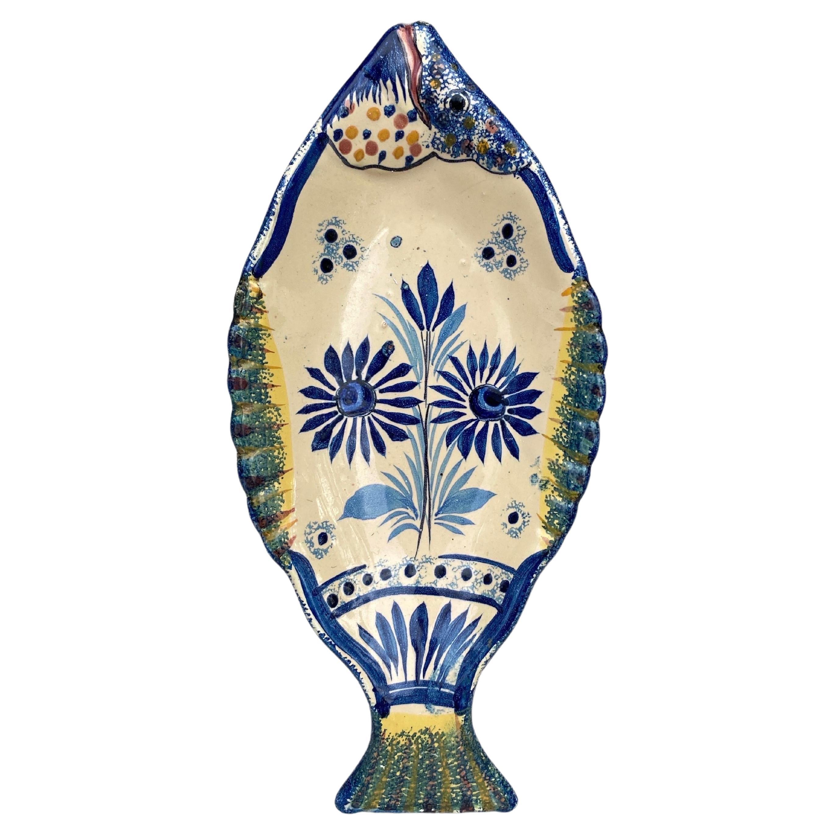 French Faience Blue & White Fish Platter Henriot Quimper, Circa 1930 For Sale