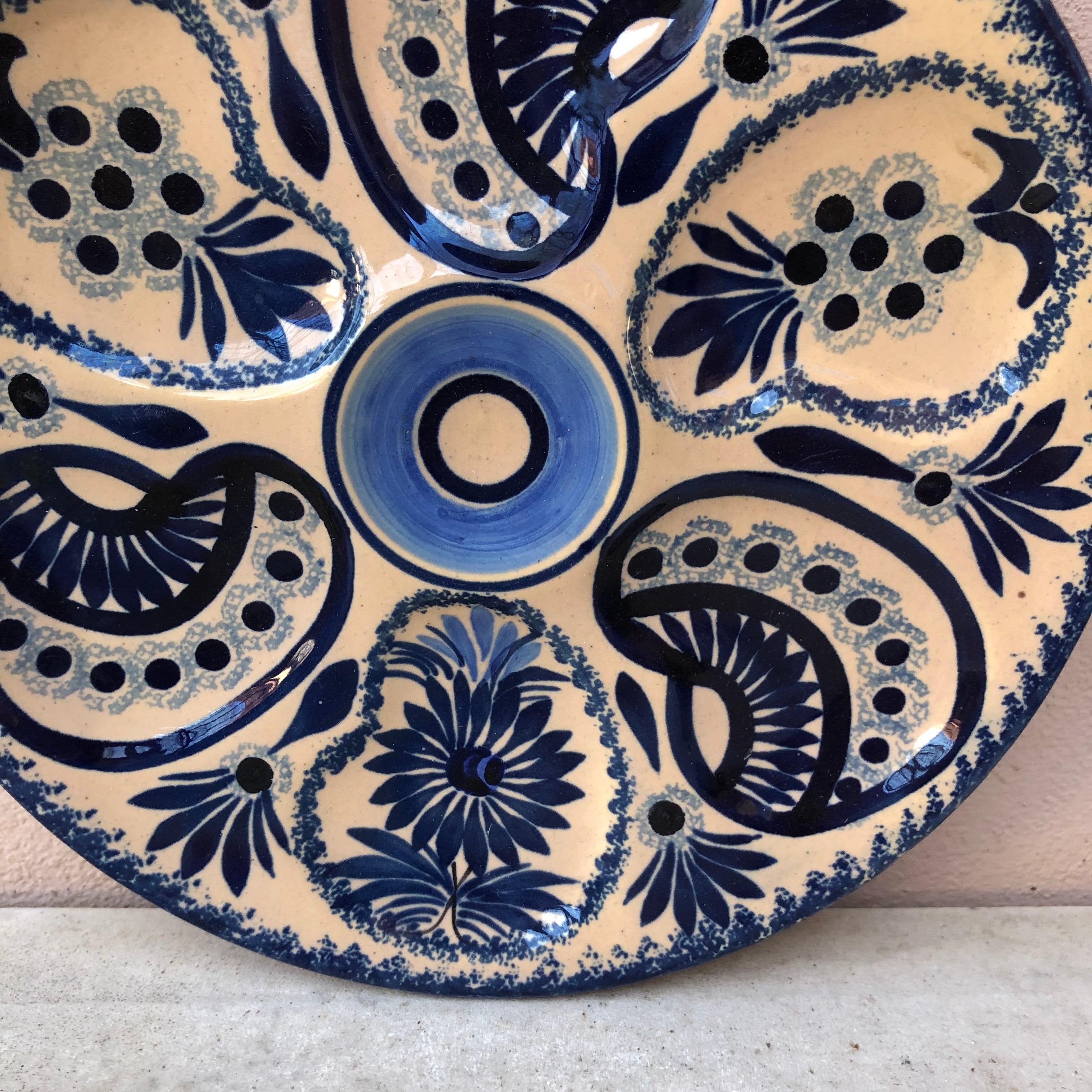 Rustic French Faience Blue & White Oyster Plate Quimper
