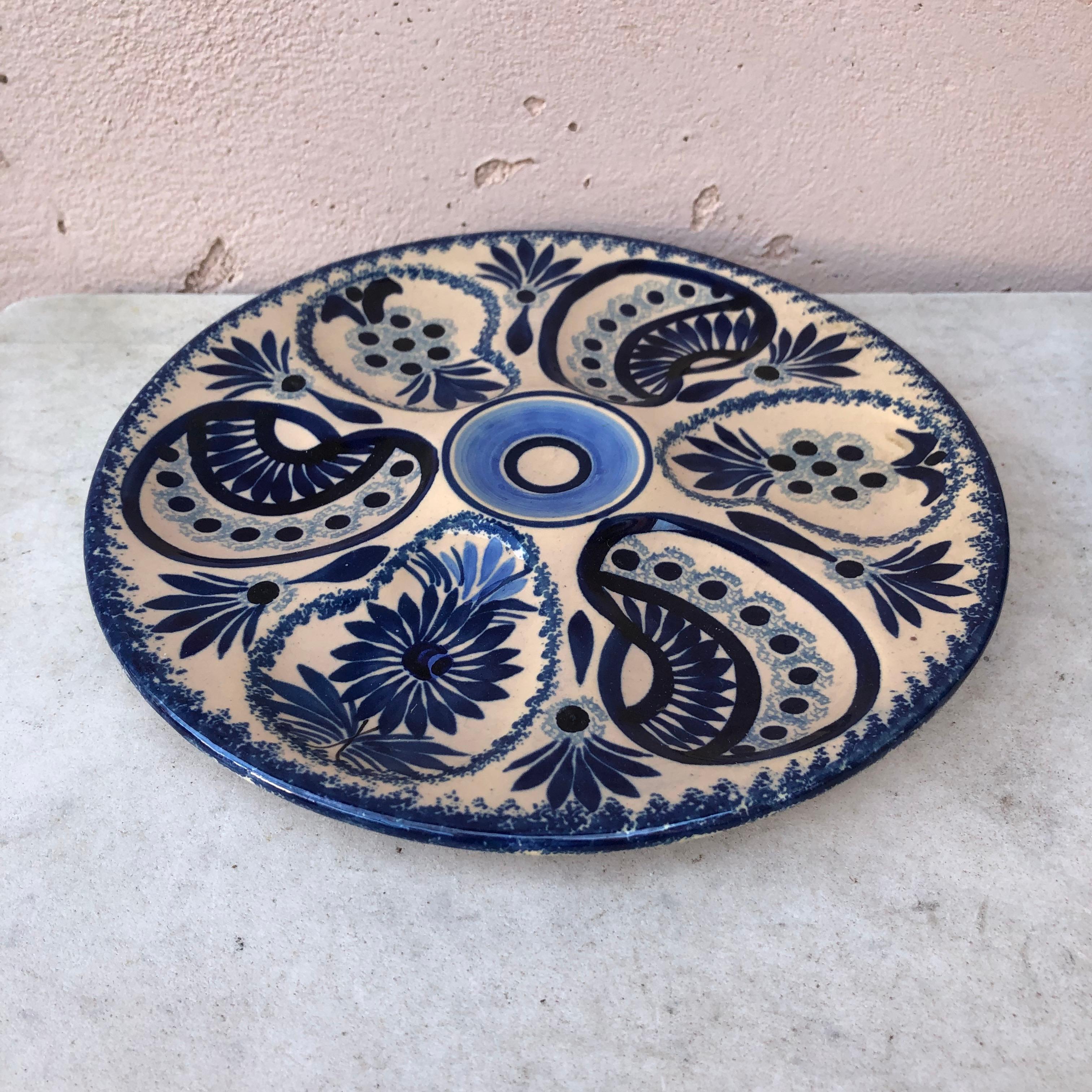 French Faience Blue & White Oyster Plate Quimper In Good Condition In Austin, TX