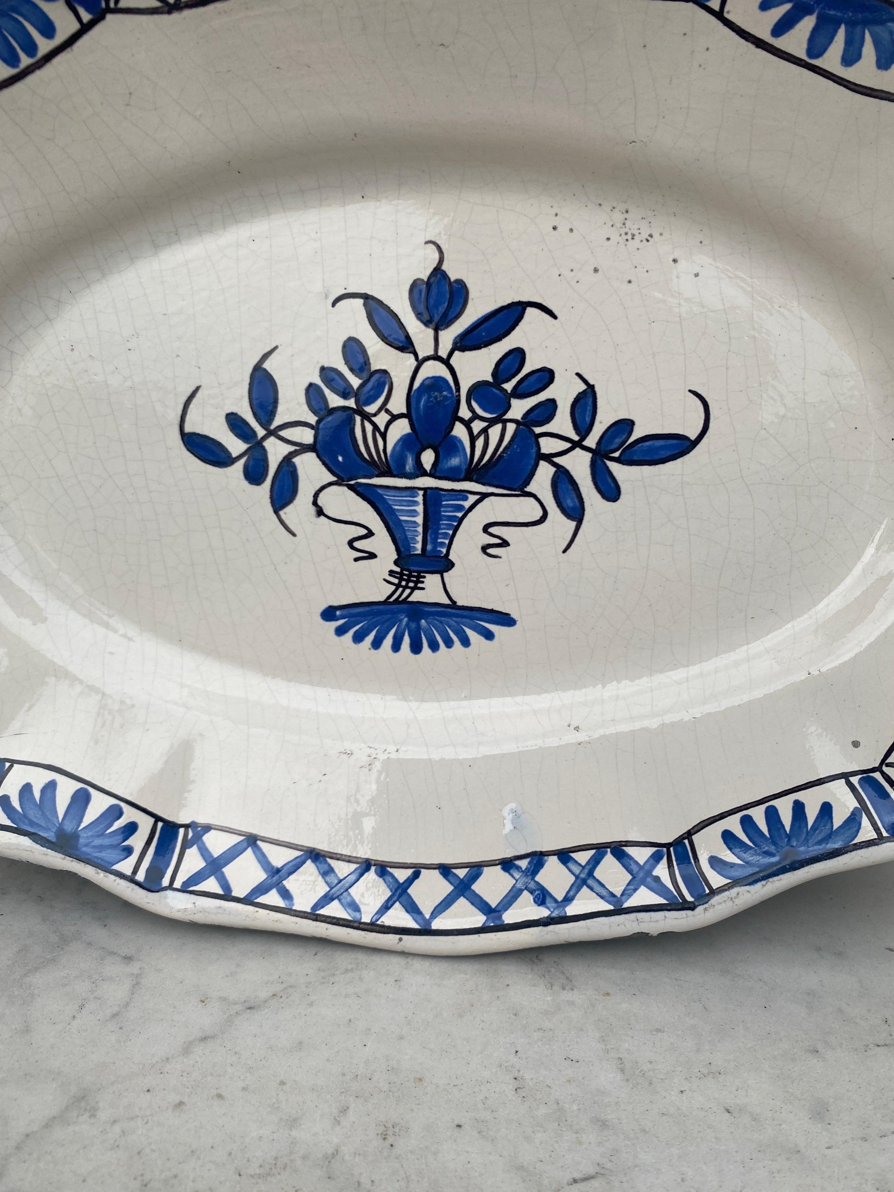 Country French Faience Blue & White Platter Circa 1950 For Sale