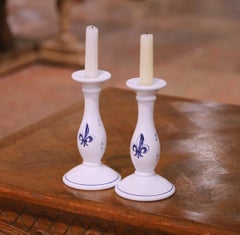 French Faience Candlesticks, Hand-Crafted, Fleur-de-Lys Design, 1980