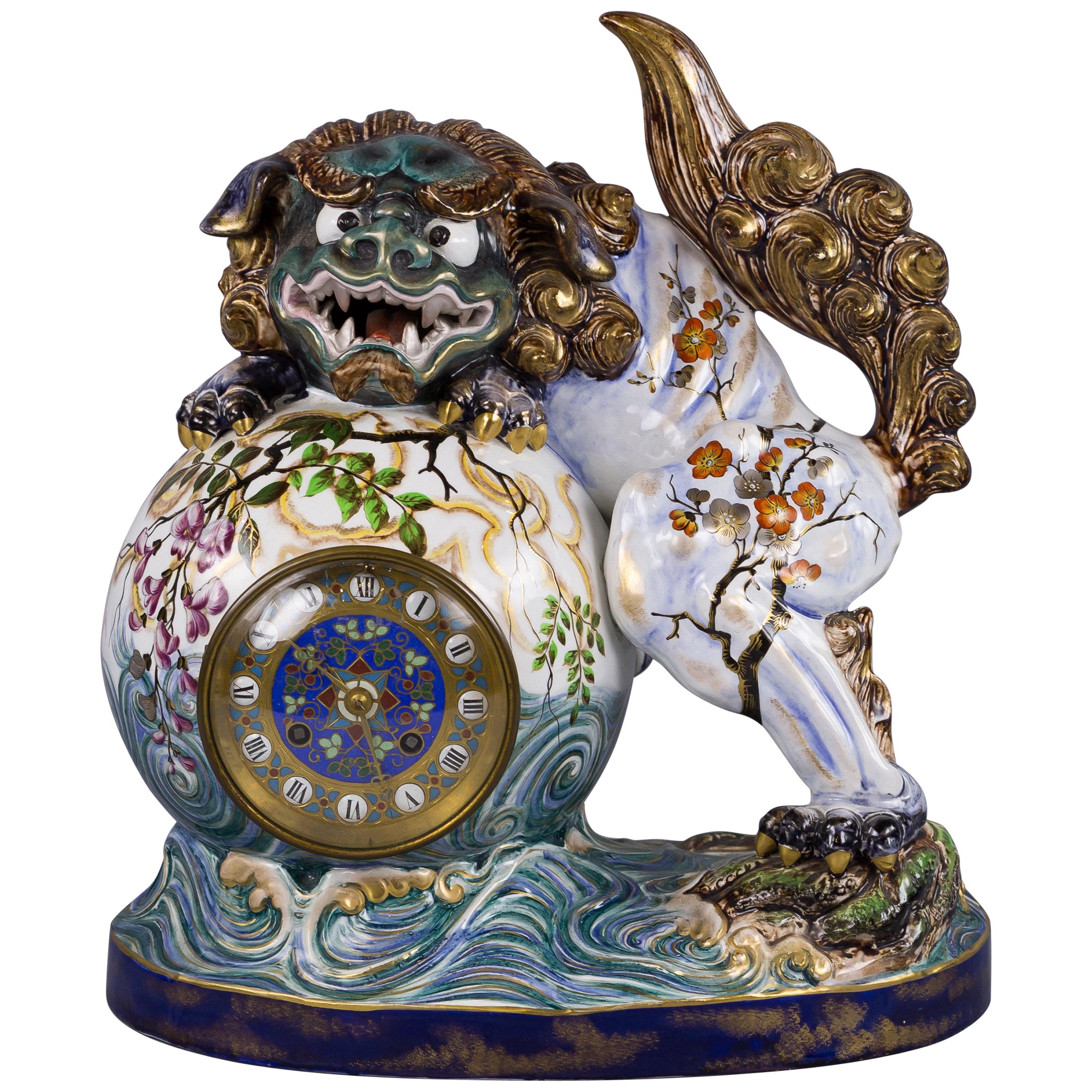 French Faience Chinoiserie Clock, Luneville, circa 1875 For Sale