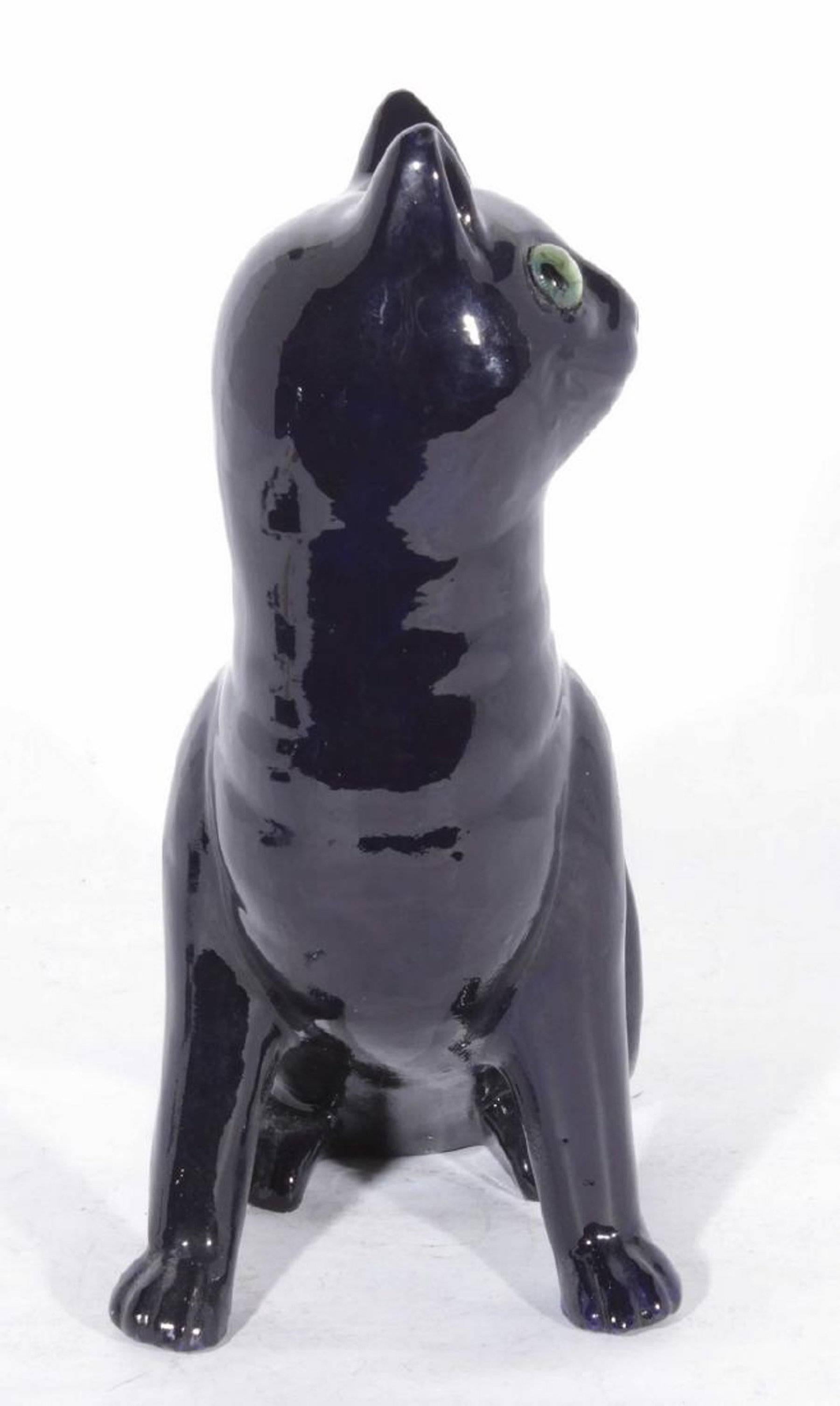 French Faience Cobalt Glazed Seated Cat in the Style of Emile Galle In Excellent Condition For Sale In Atlanta, GA