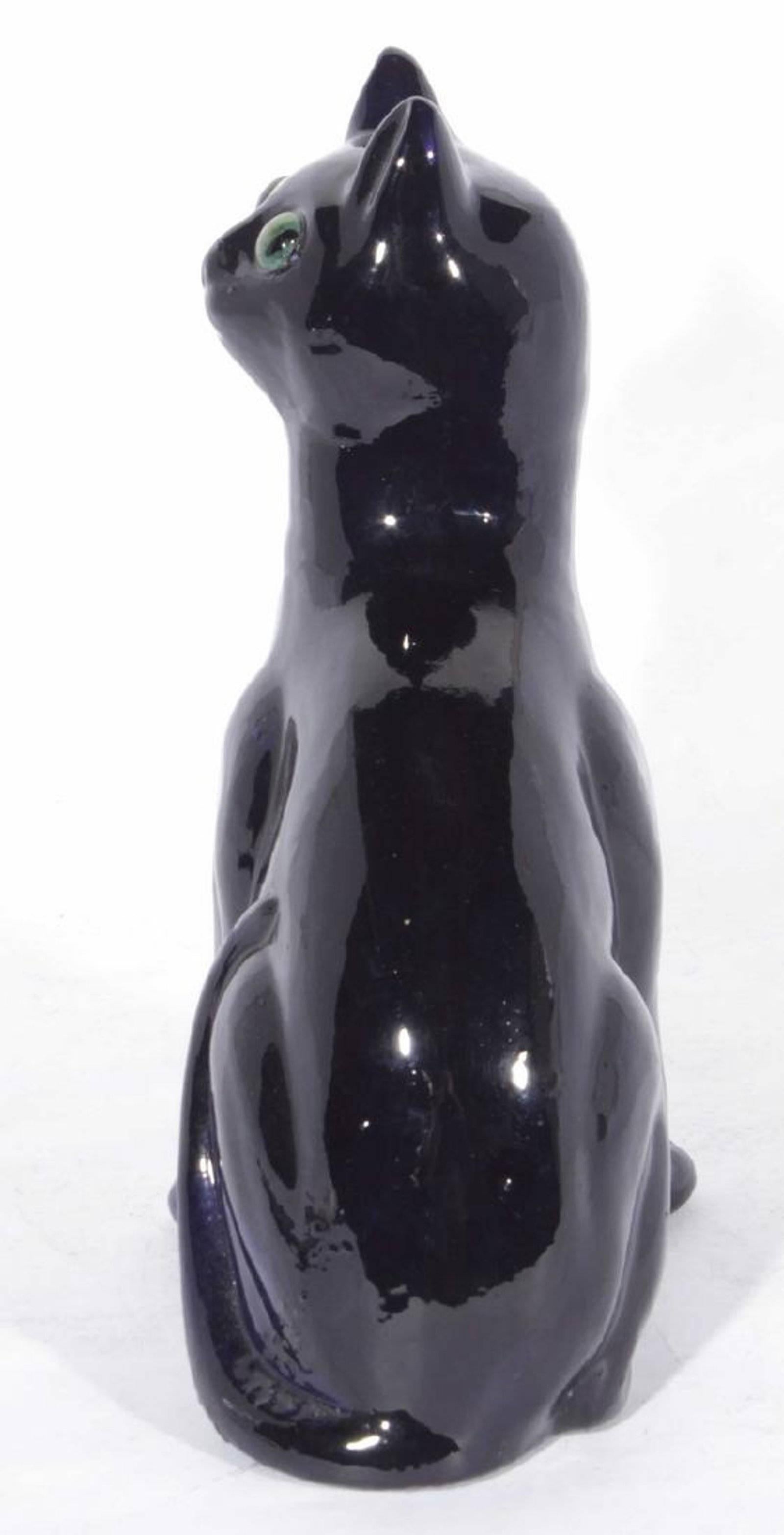 20th Century French Faience Cobalt Glazed Seated Cat in the Style of Emile Galle For Sale