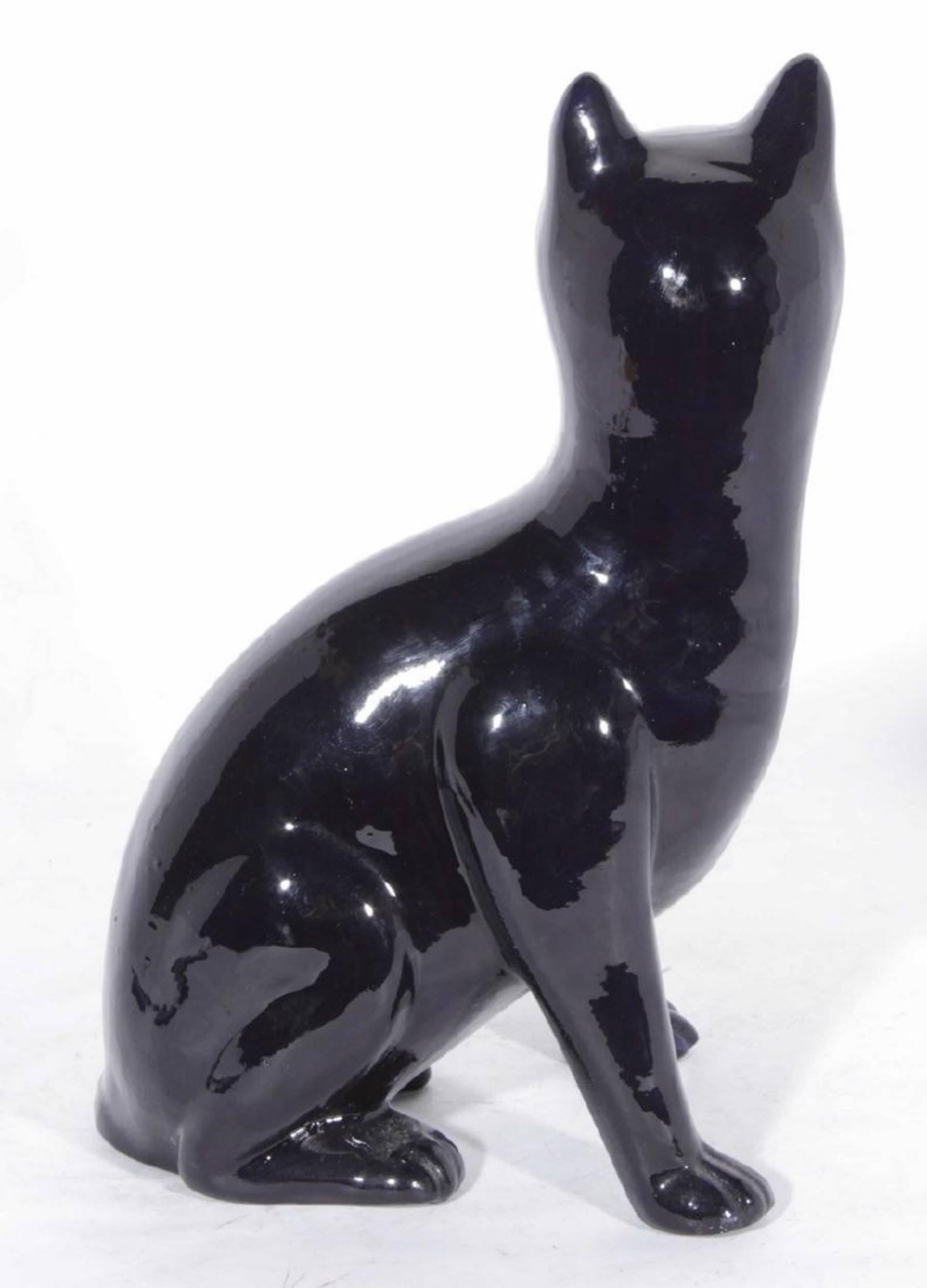 French Faience Cobalt Glazed Seated Cat in the Style of Emile Galle For Sale 1