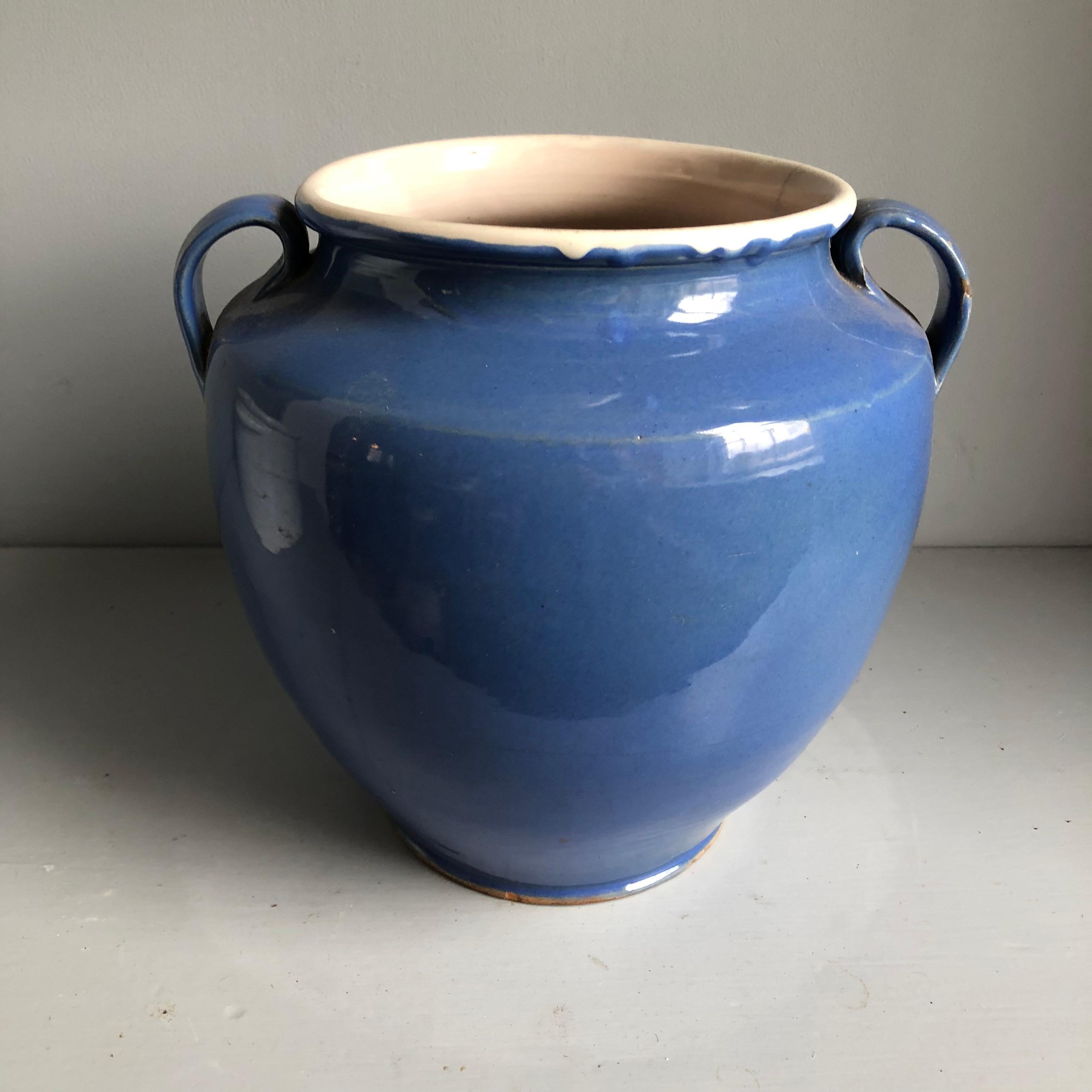 A blue-glazed French Faience confit pot, circa 1870 with 2 handles.