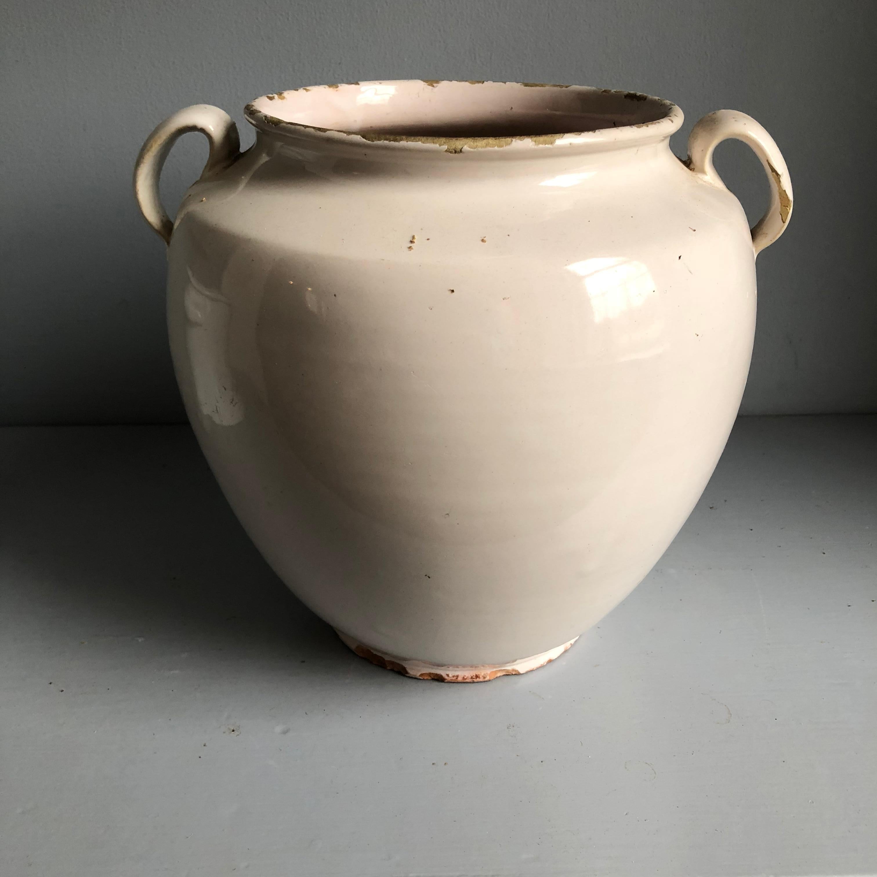 A French Faience white-glazed “confit” pot, with 2 handles, circa 1870.